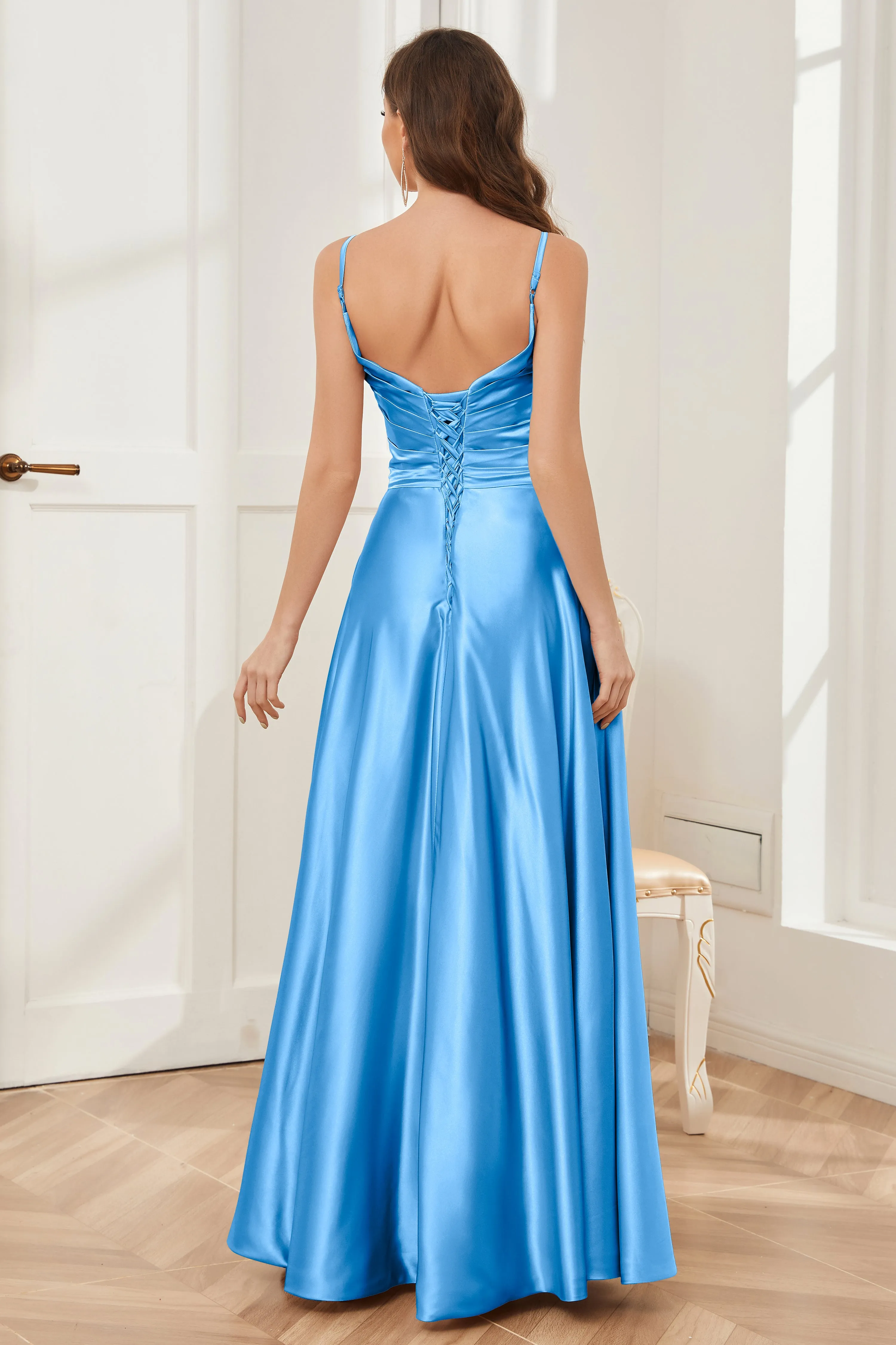 A-line V-neck Soft Satin Long Bridesmaid Dress with Pockets