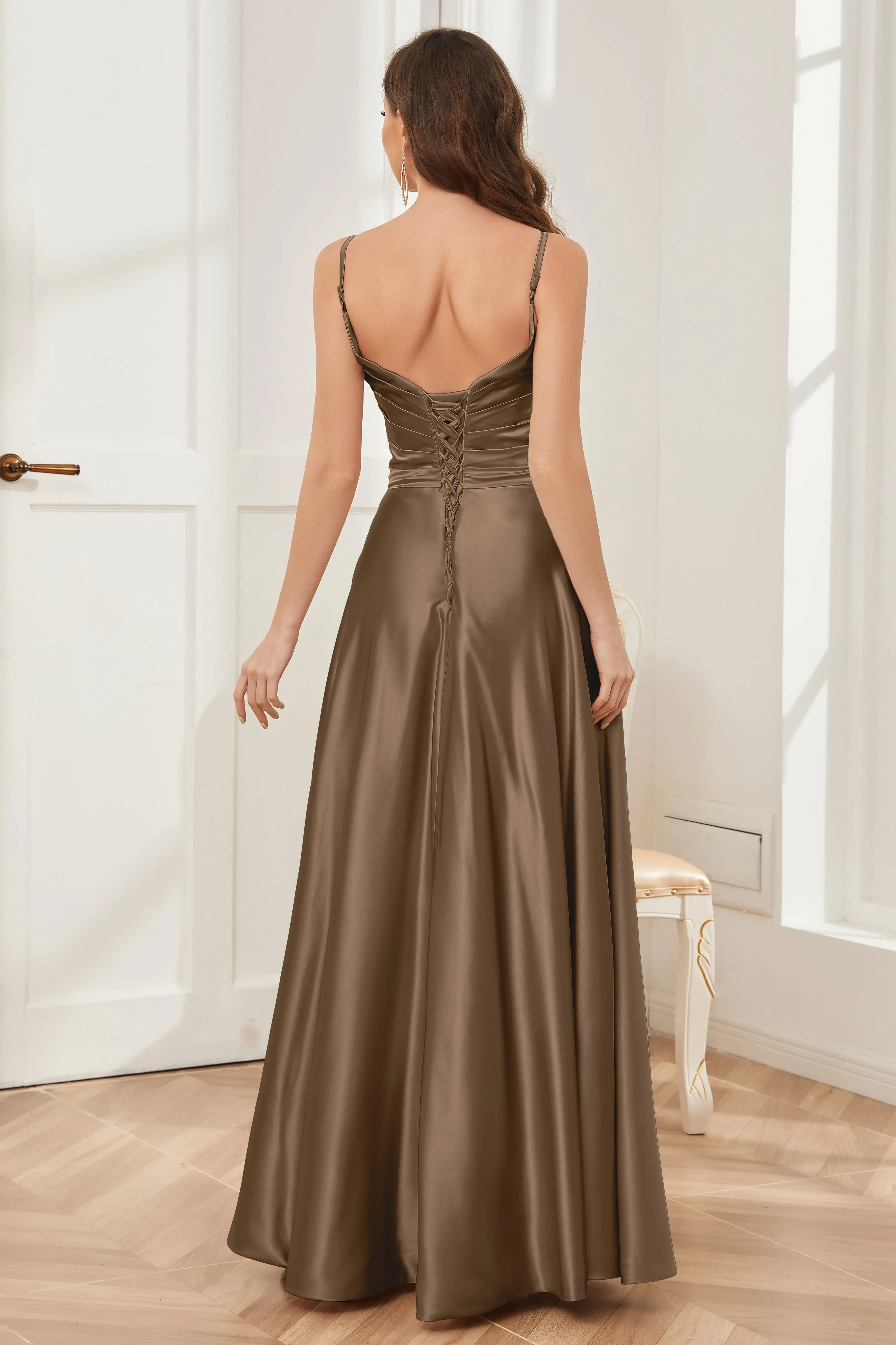 A-line V-neck Soft Satin Long Bridesmaid Dress with Pockets