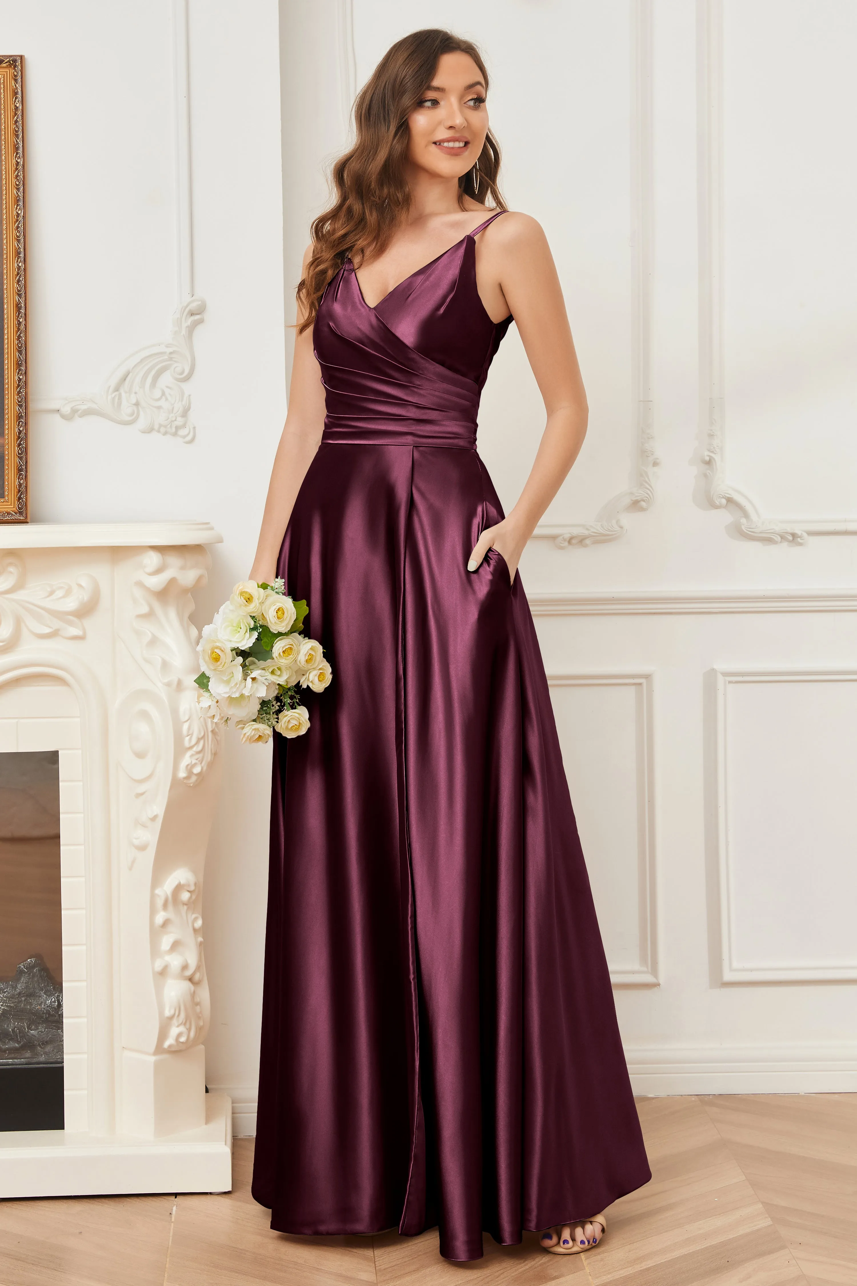 A-line V-neck Soft Satin Long Bridesmaid Dress with Pockets