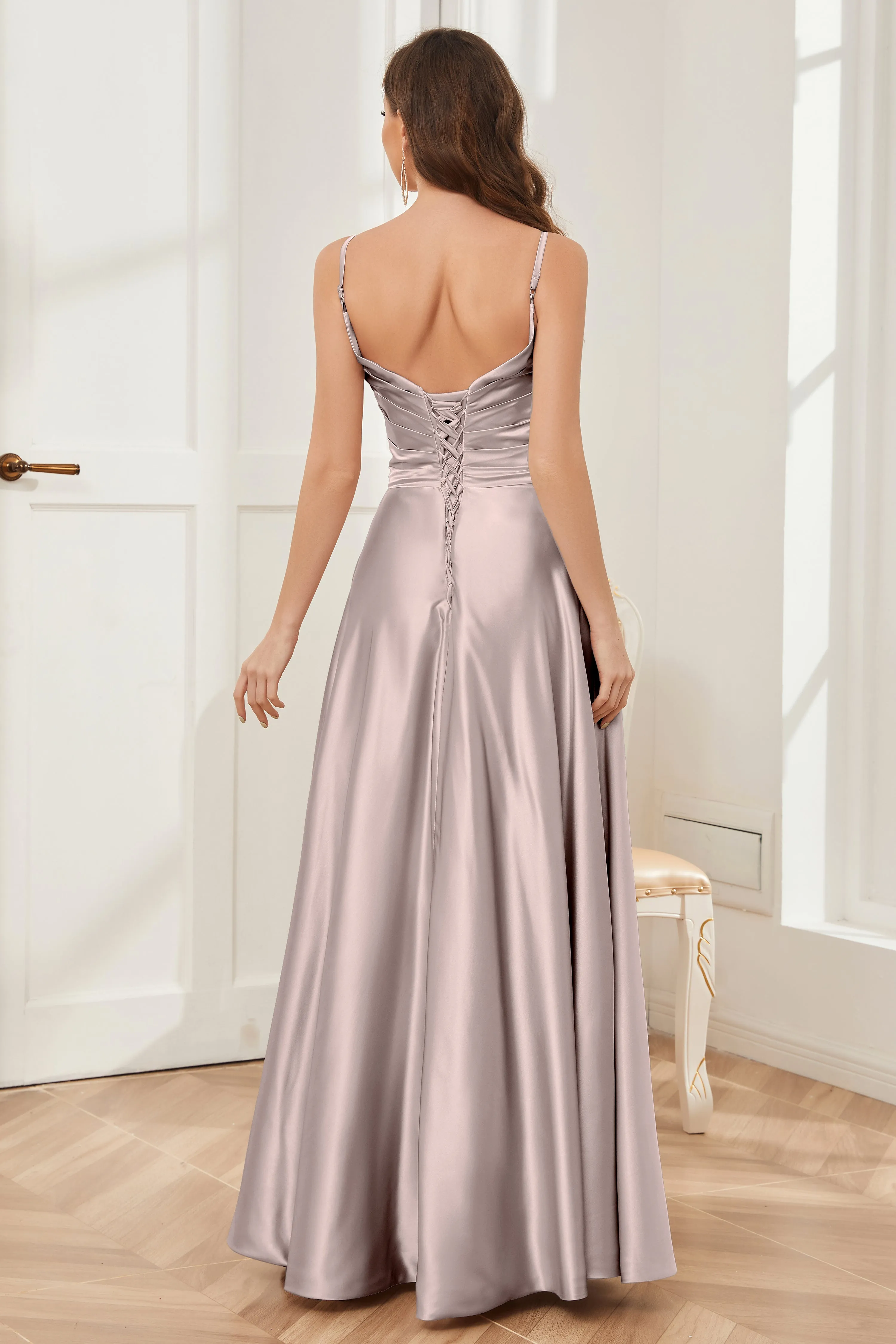 A-line V-neck Soft Satin Long Bridesmaid Dress with Pockets