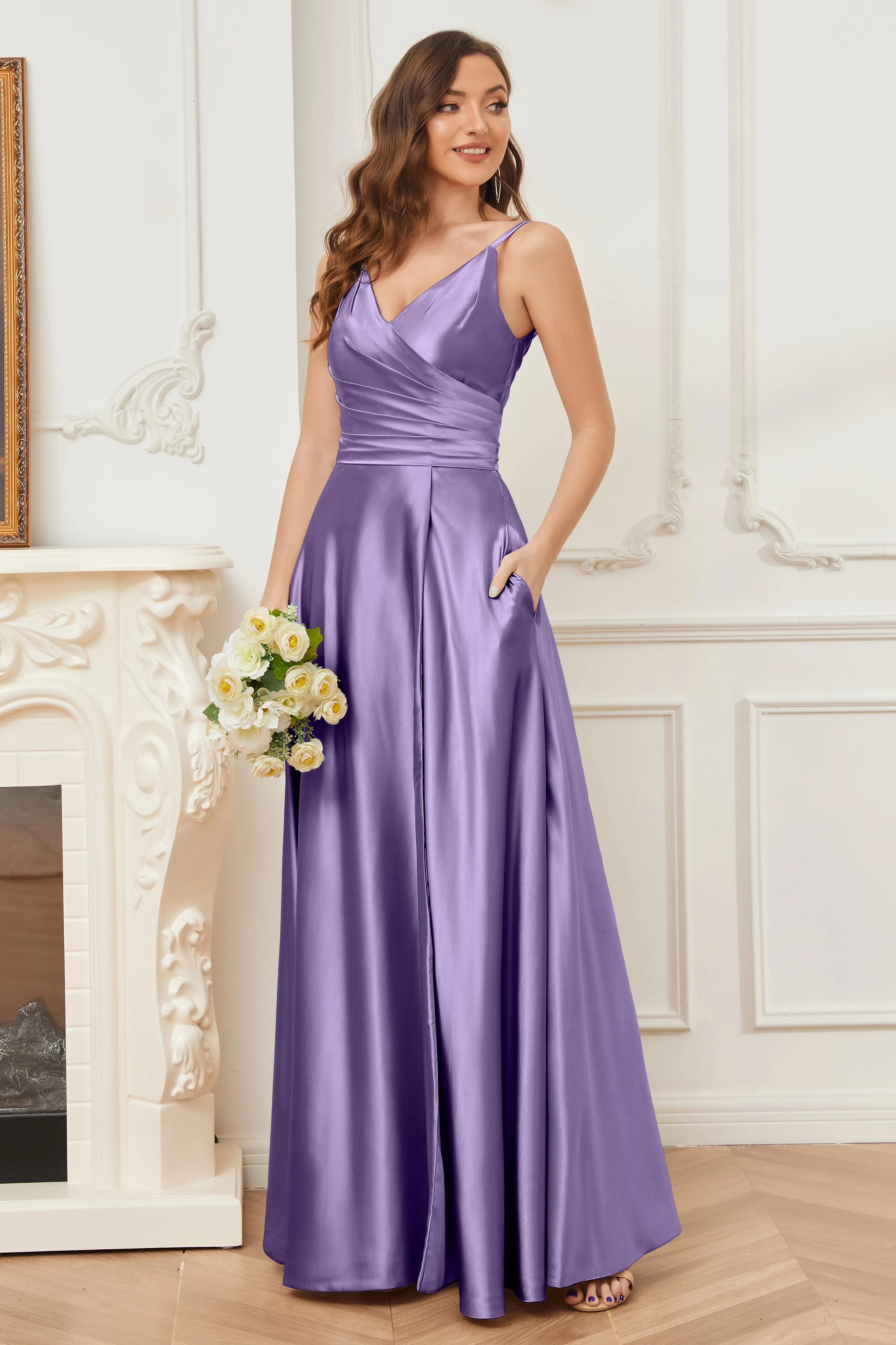 A-line V-neck Soft Satin Long Bridesmaid Dress with Pockets