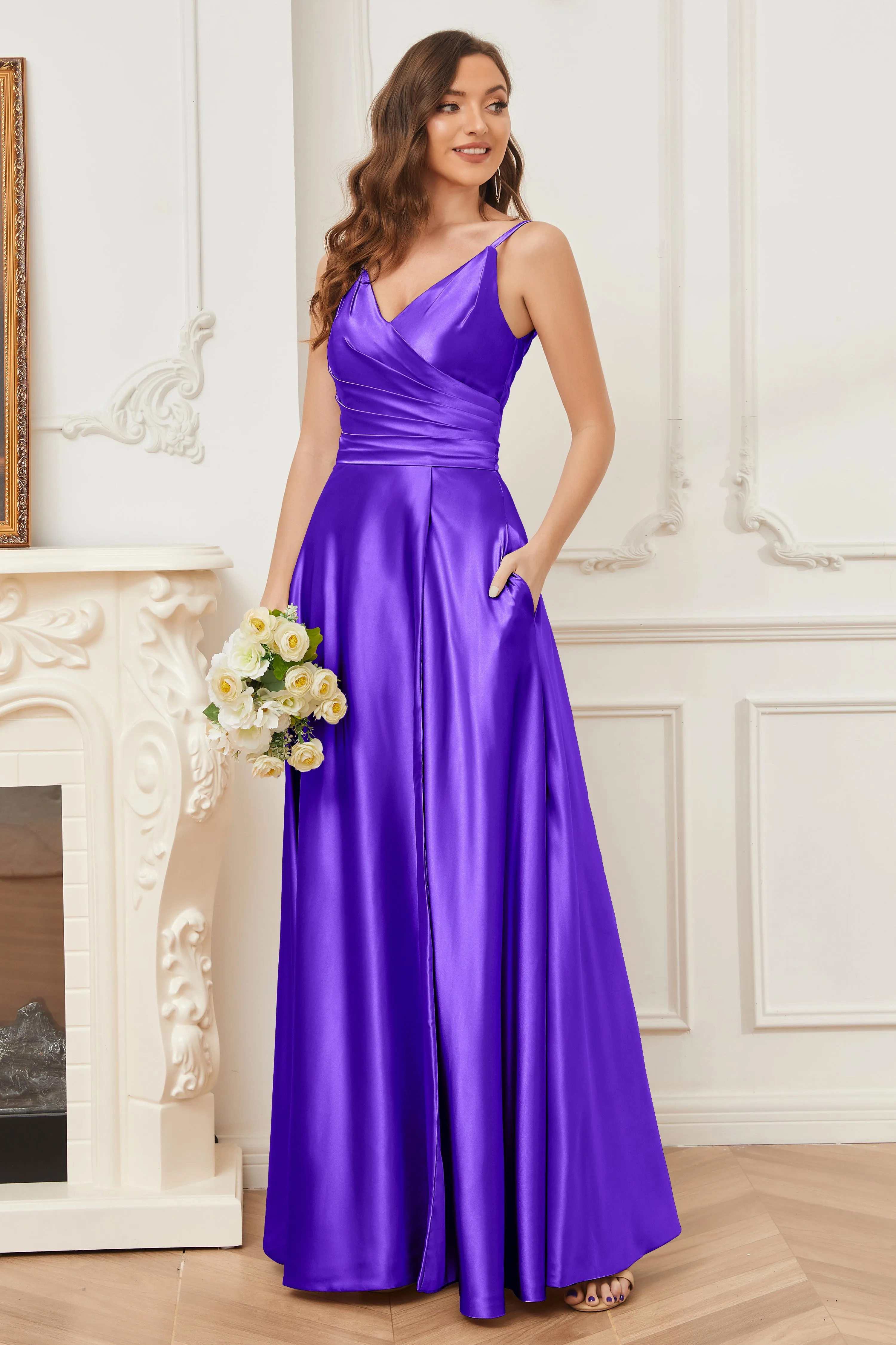 A-line V-neck Soft Satin Long Bridesmaid Dress with Pockets