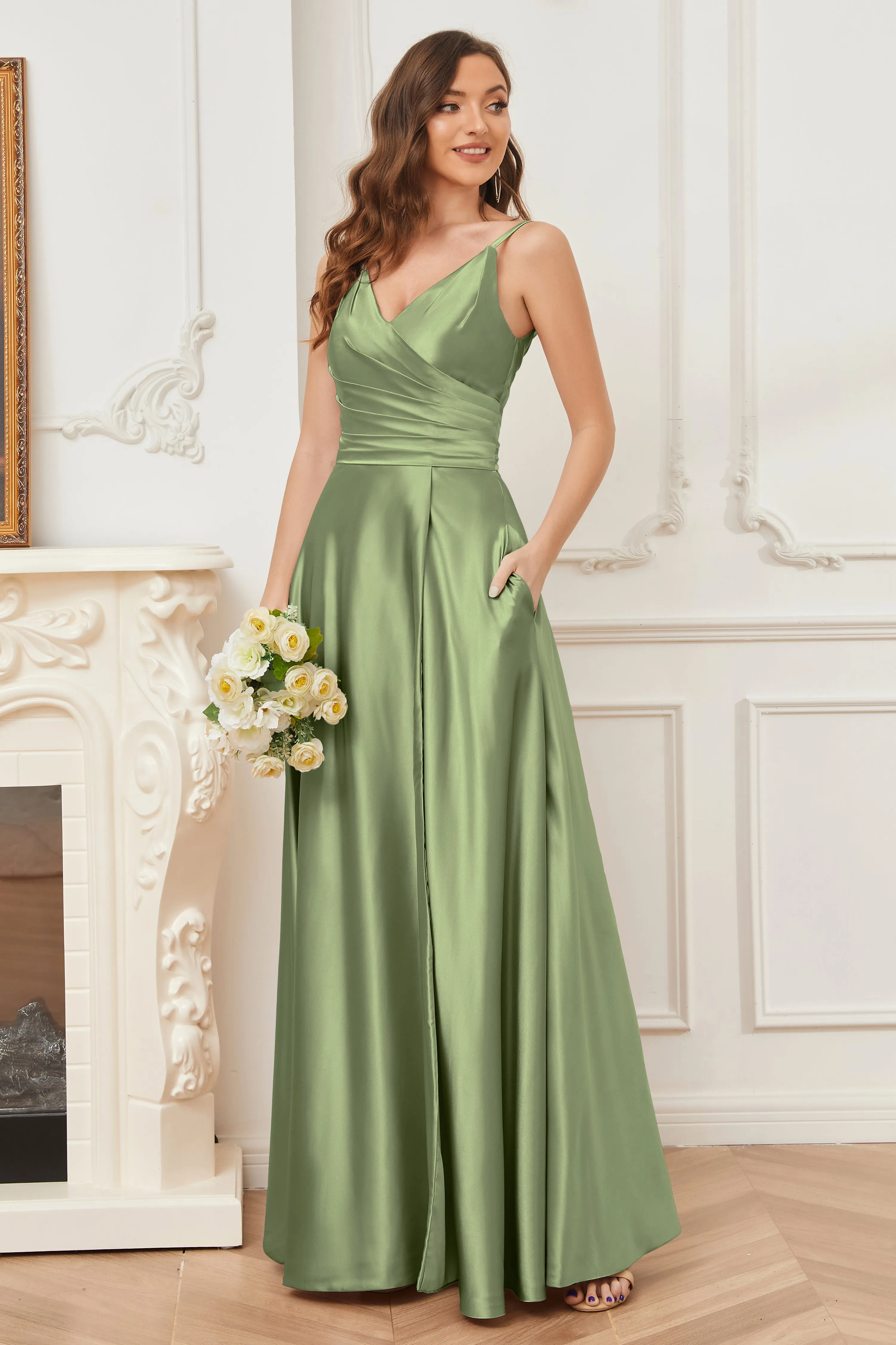 A-line V-neck Soft Satin Long Bridesmaid Dress with Pockets