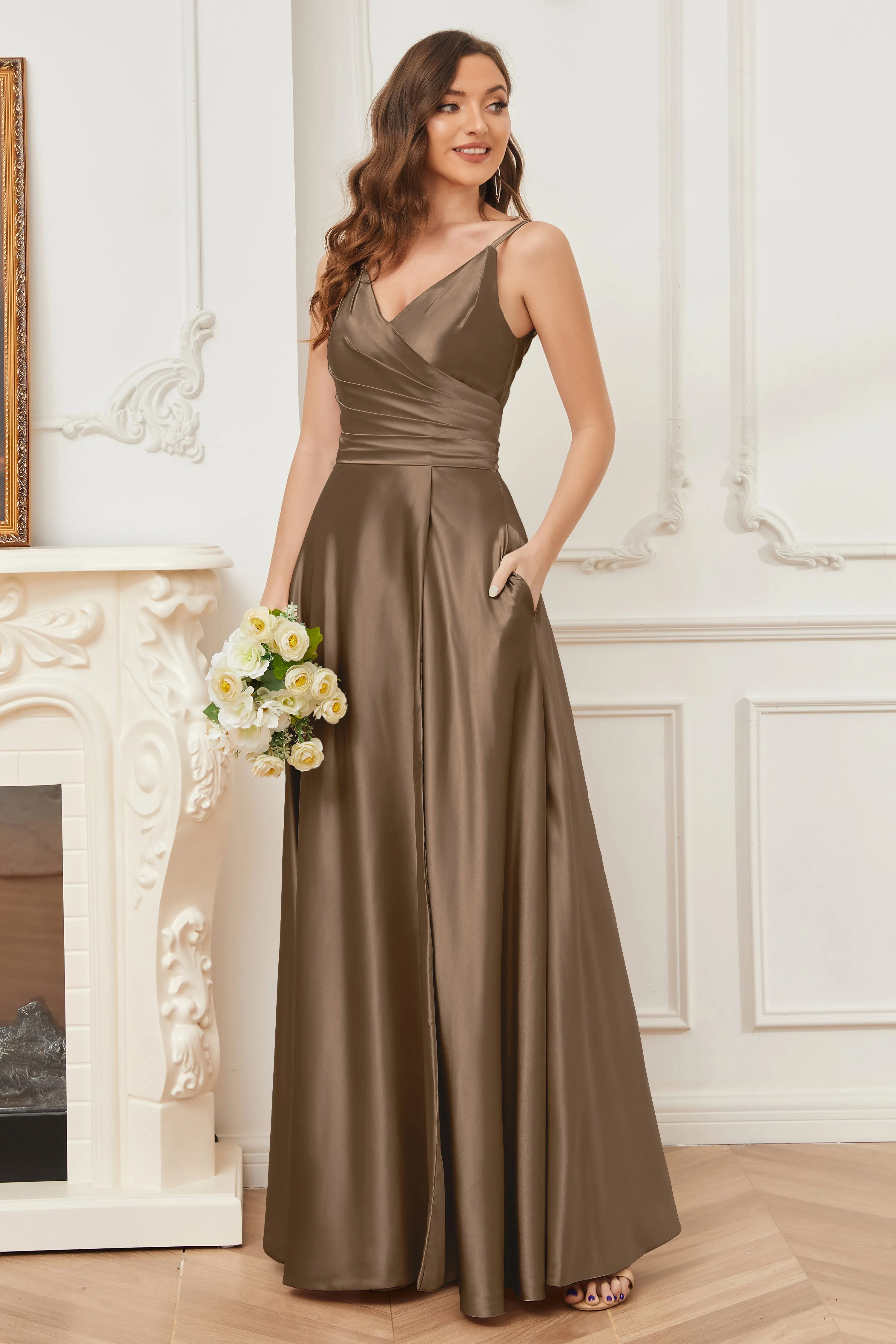 A-line V-neck Soft Satin Long Bridesmaid Dress with Pockets