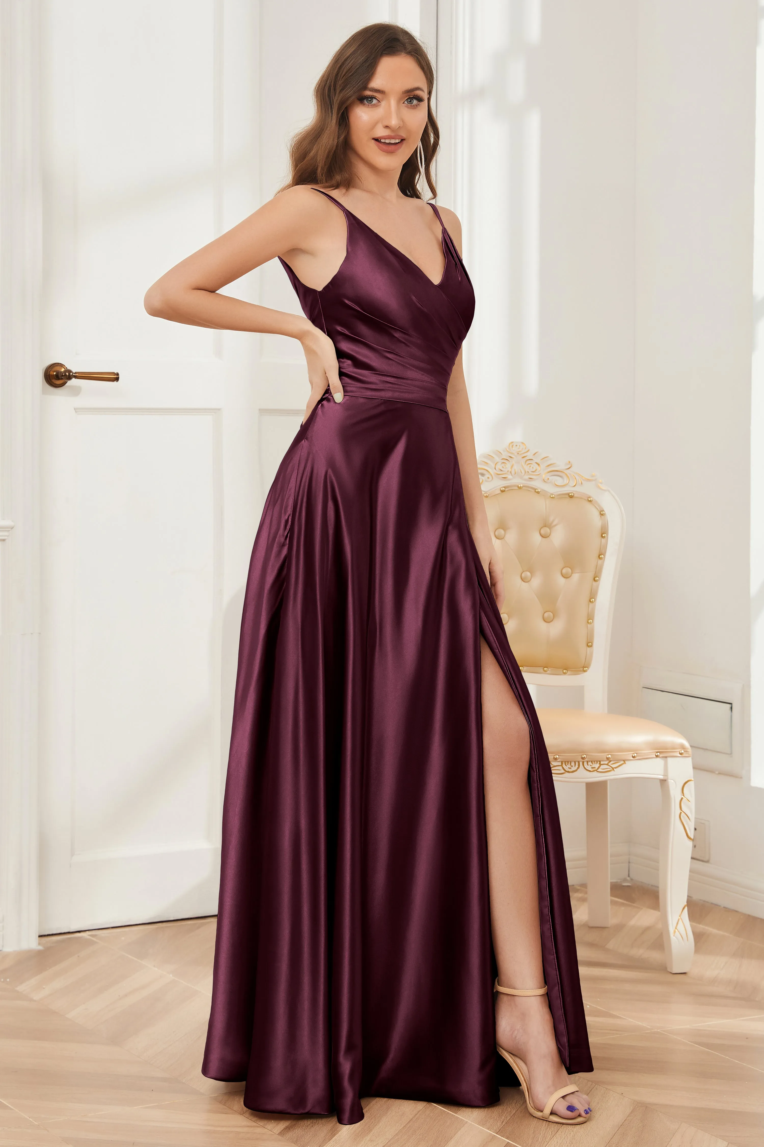 A-line V-neck Soft Satin Long Bridesmaid Dress with Pockets