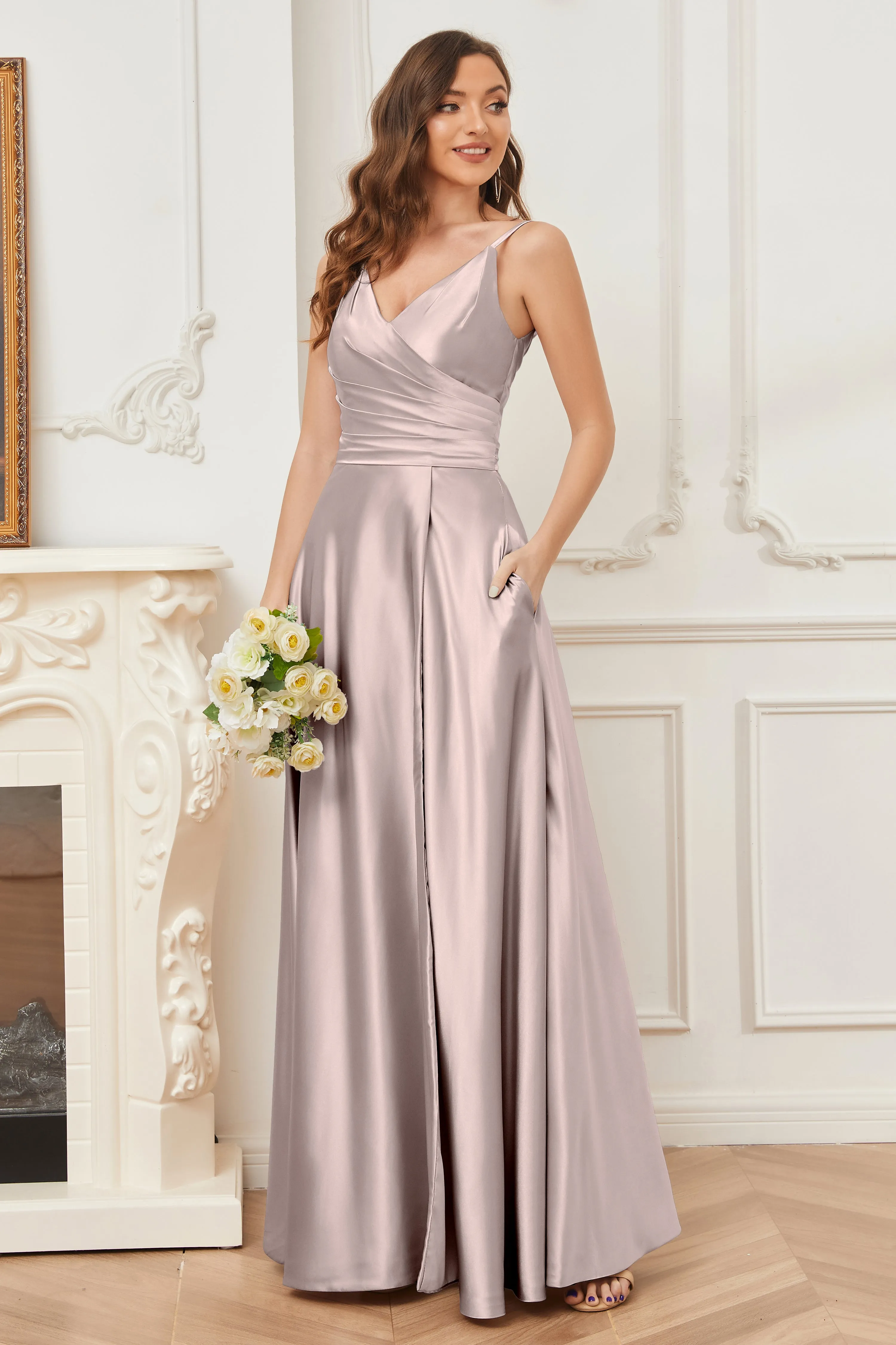 A-line V-neck Soft Satin Long Bridesmaid Dress with Pockets