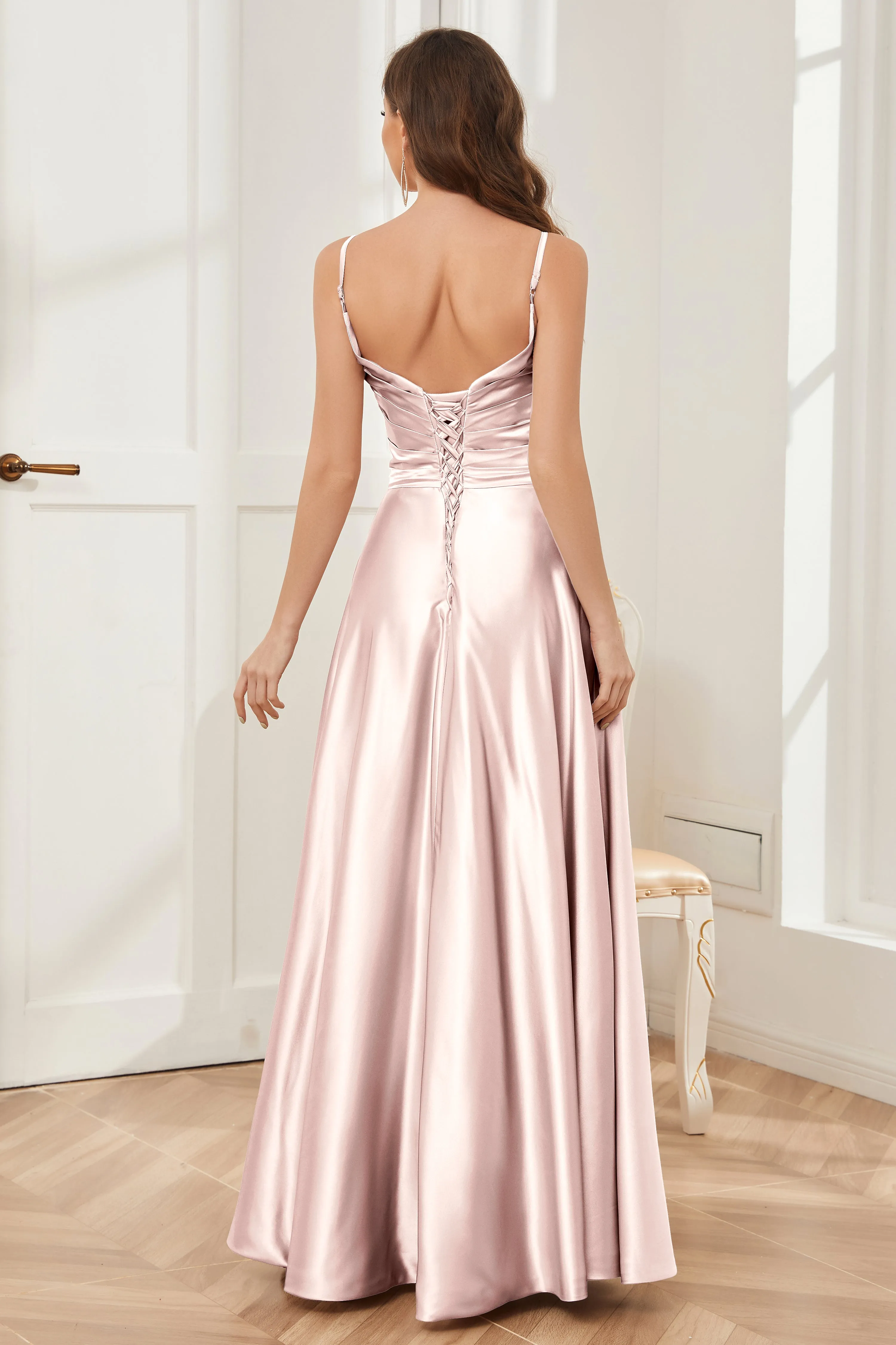 A-line V-neck Soft Satin Long Bridesmaid Dress with Pockets