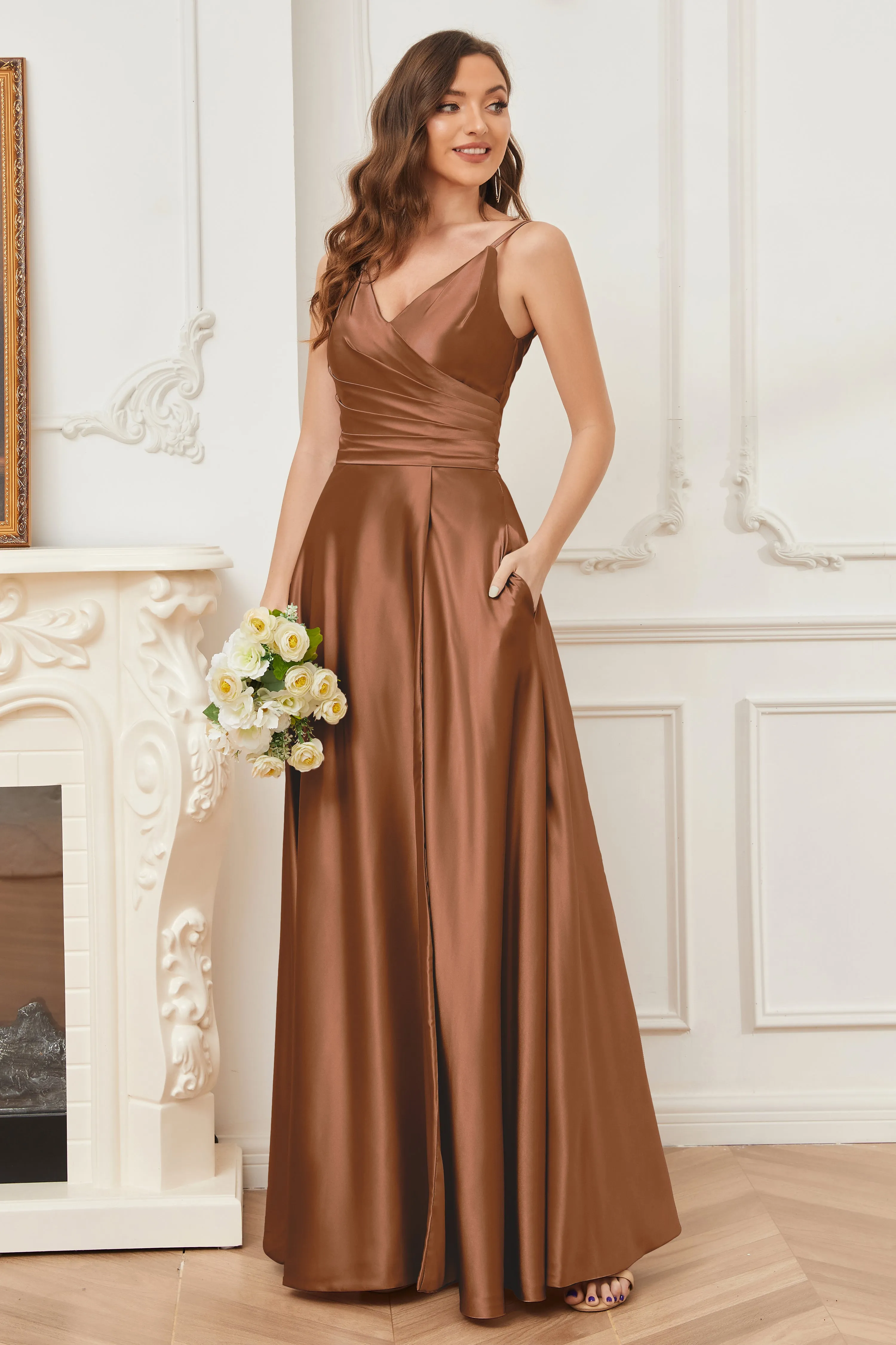 A-line V-neck Soft Satin Long Bridesmaid Dress with Pockets