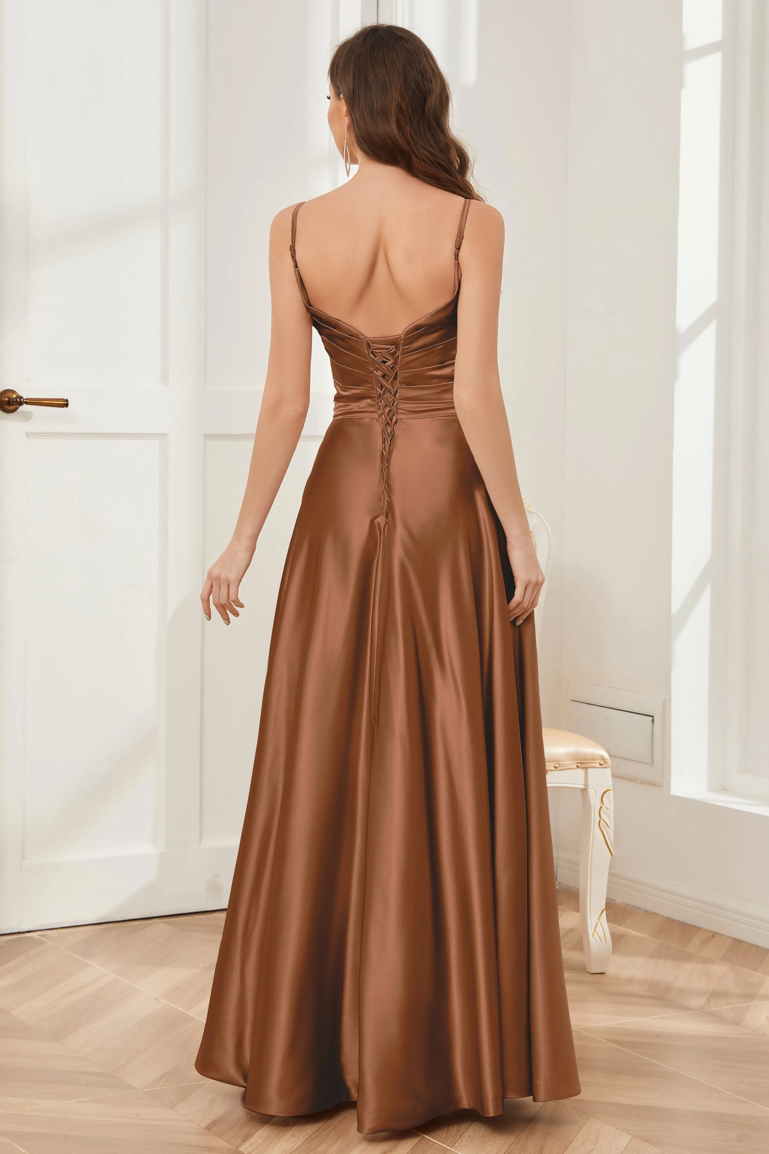 A-line V-neck Soft Satin Long Bridesmaid Dress with Pockets