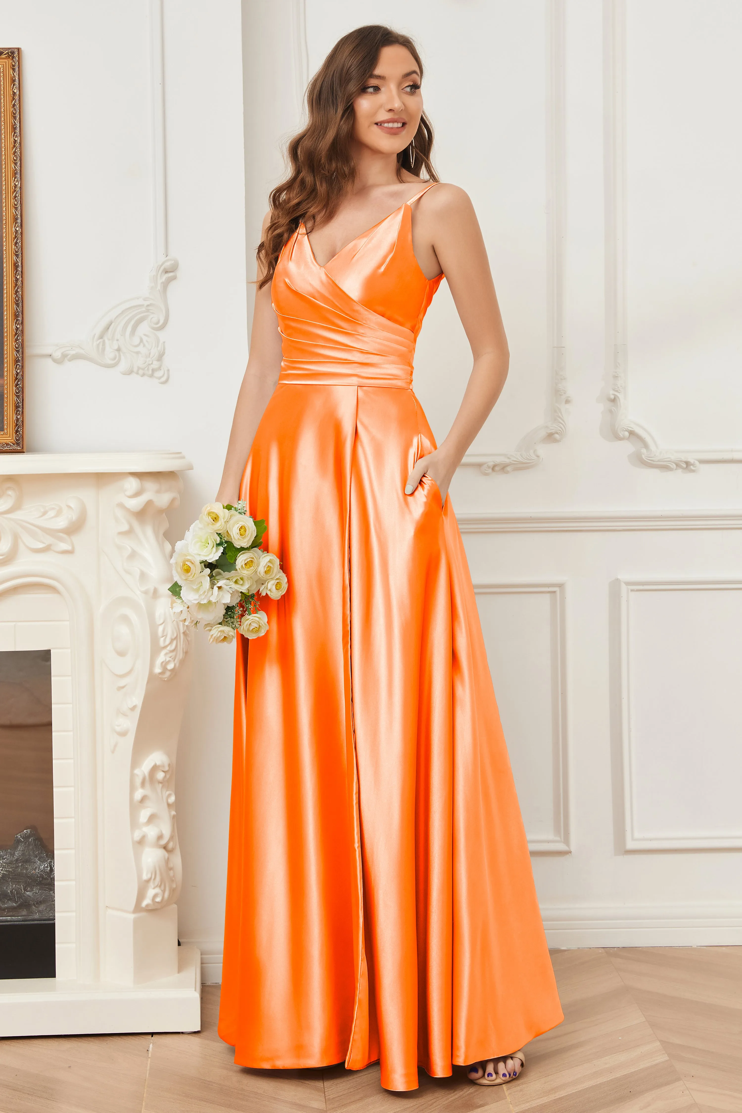 A-line V-neck Soft Satin Long Bridesmaid Dress with Pockets