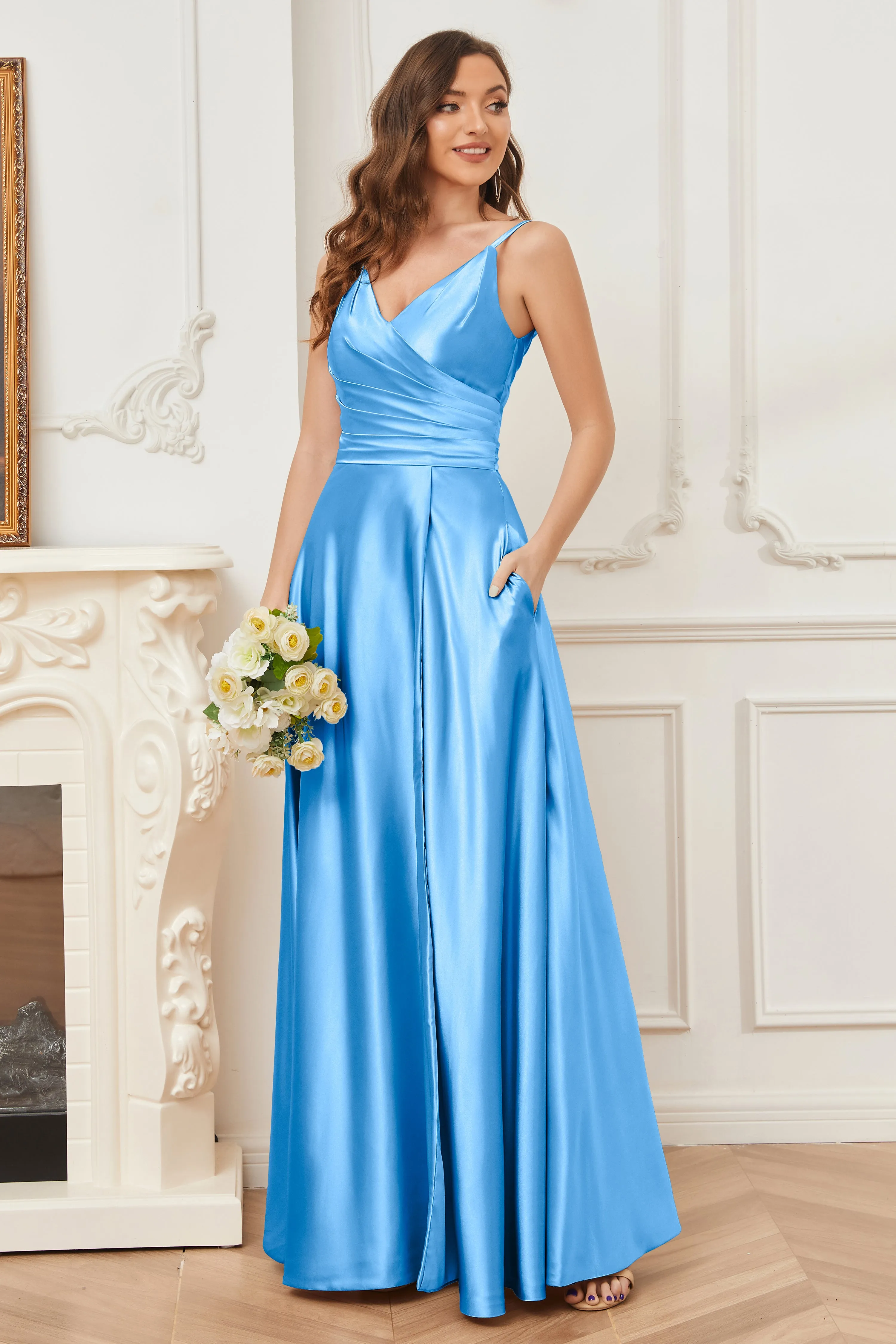 A-line V-neck Soft Satin Long Bridesmaid Dress with Pockets