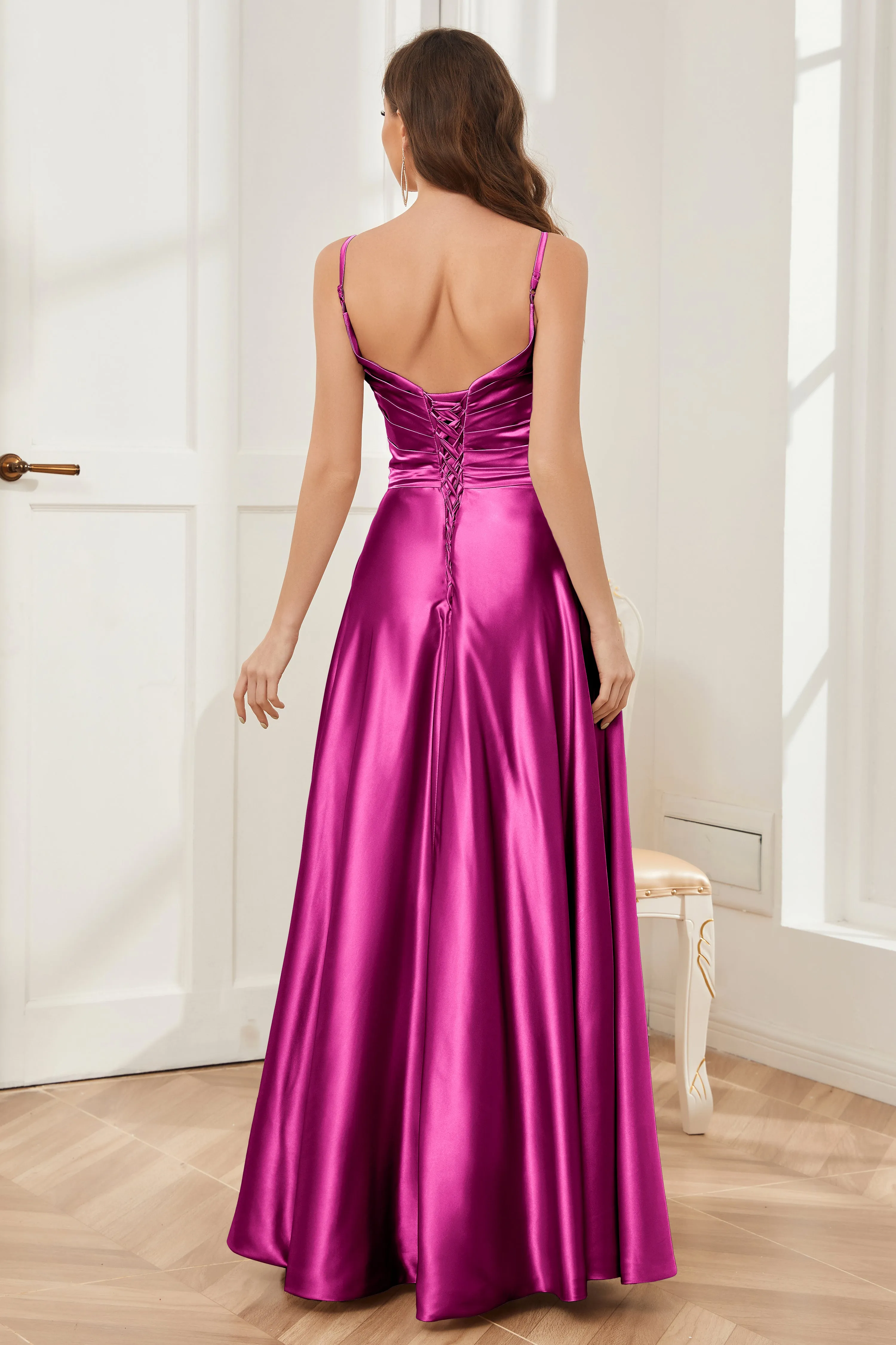A-line V-neck Soft Satin Long Bridesmaid Dress with Pockets