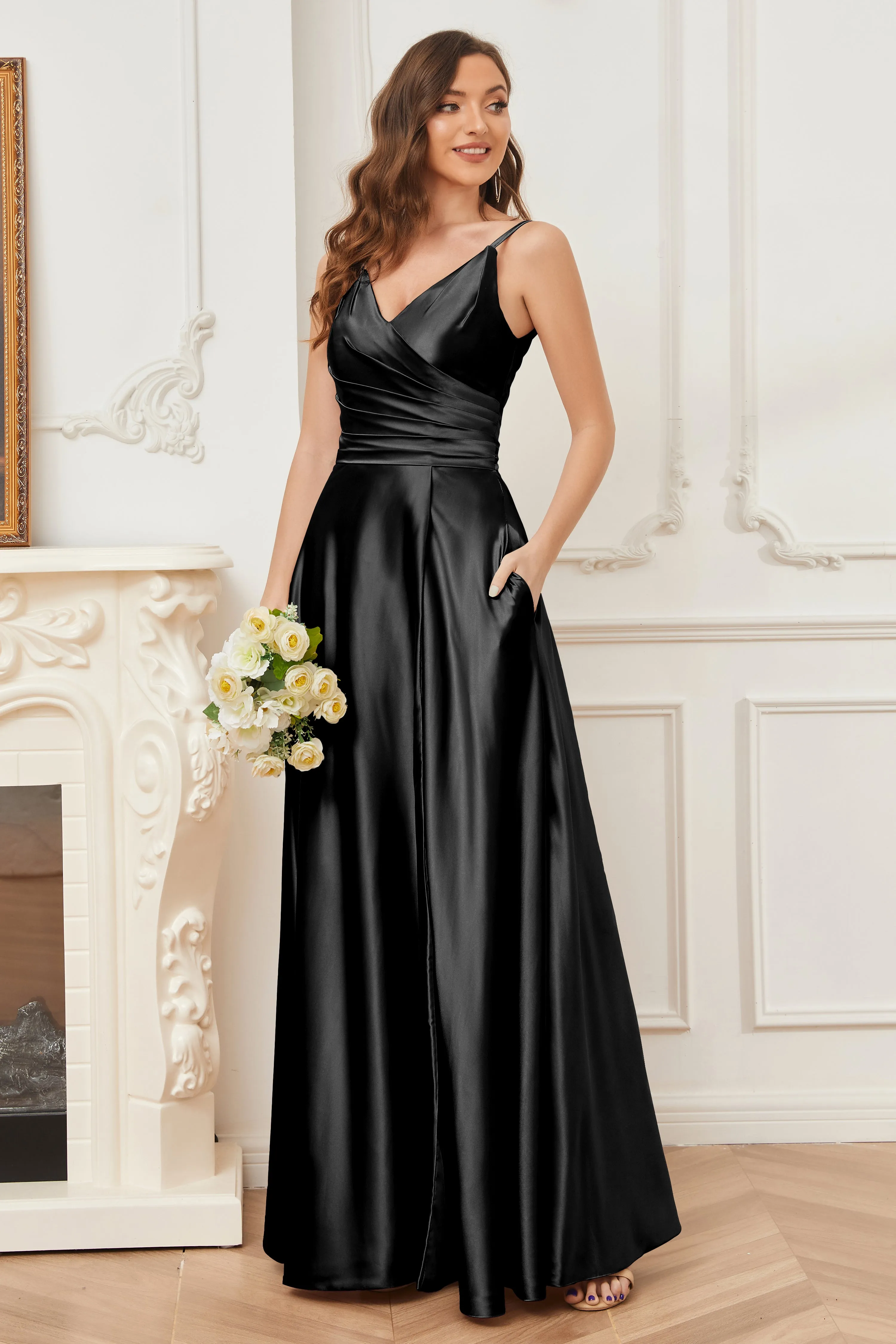A-line V-neck Soft Satin Long Bridesmaid Dress with Pockets