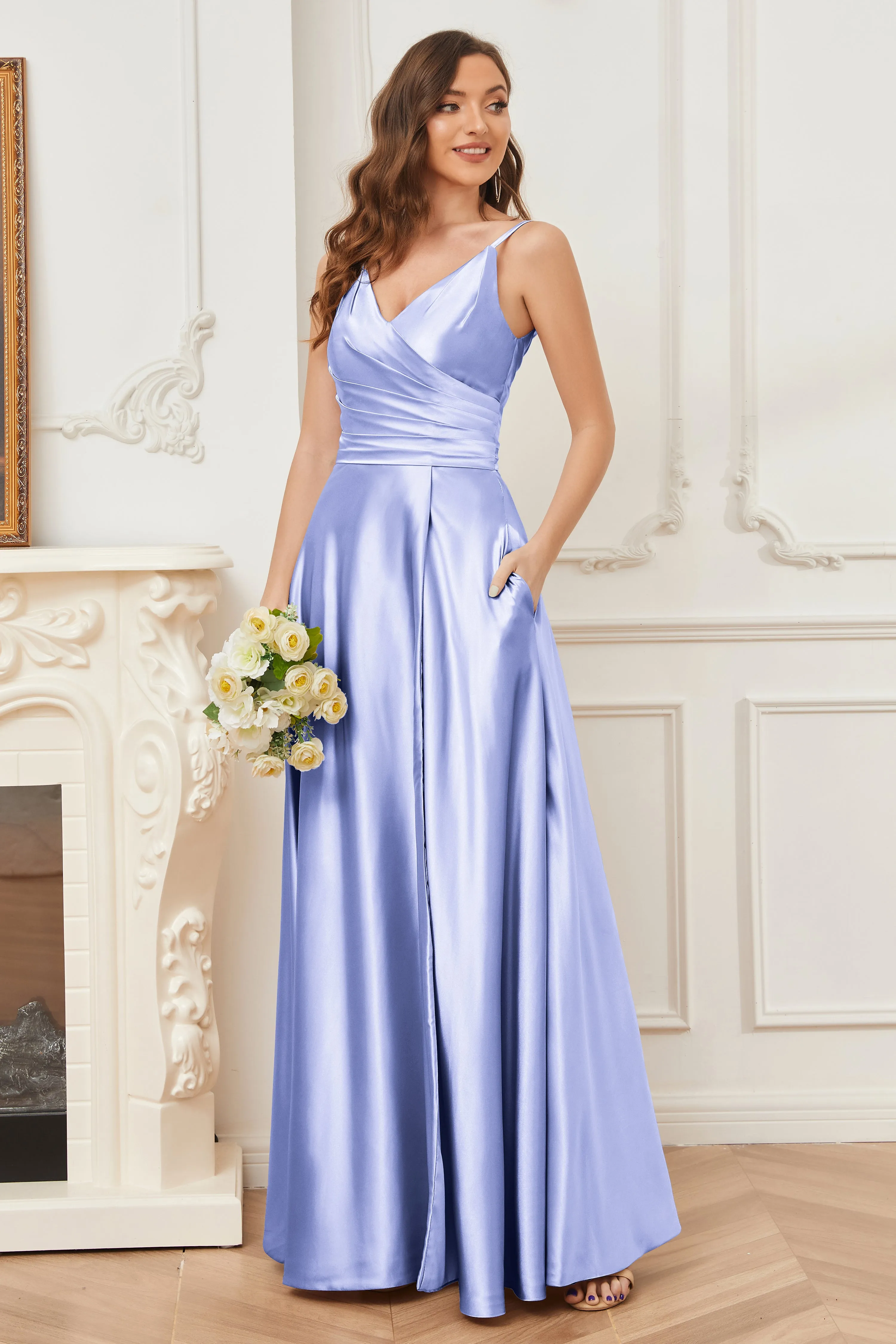 A-line V-neck Soft Satin Long Bridesmaid Dress with Pockets