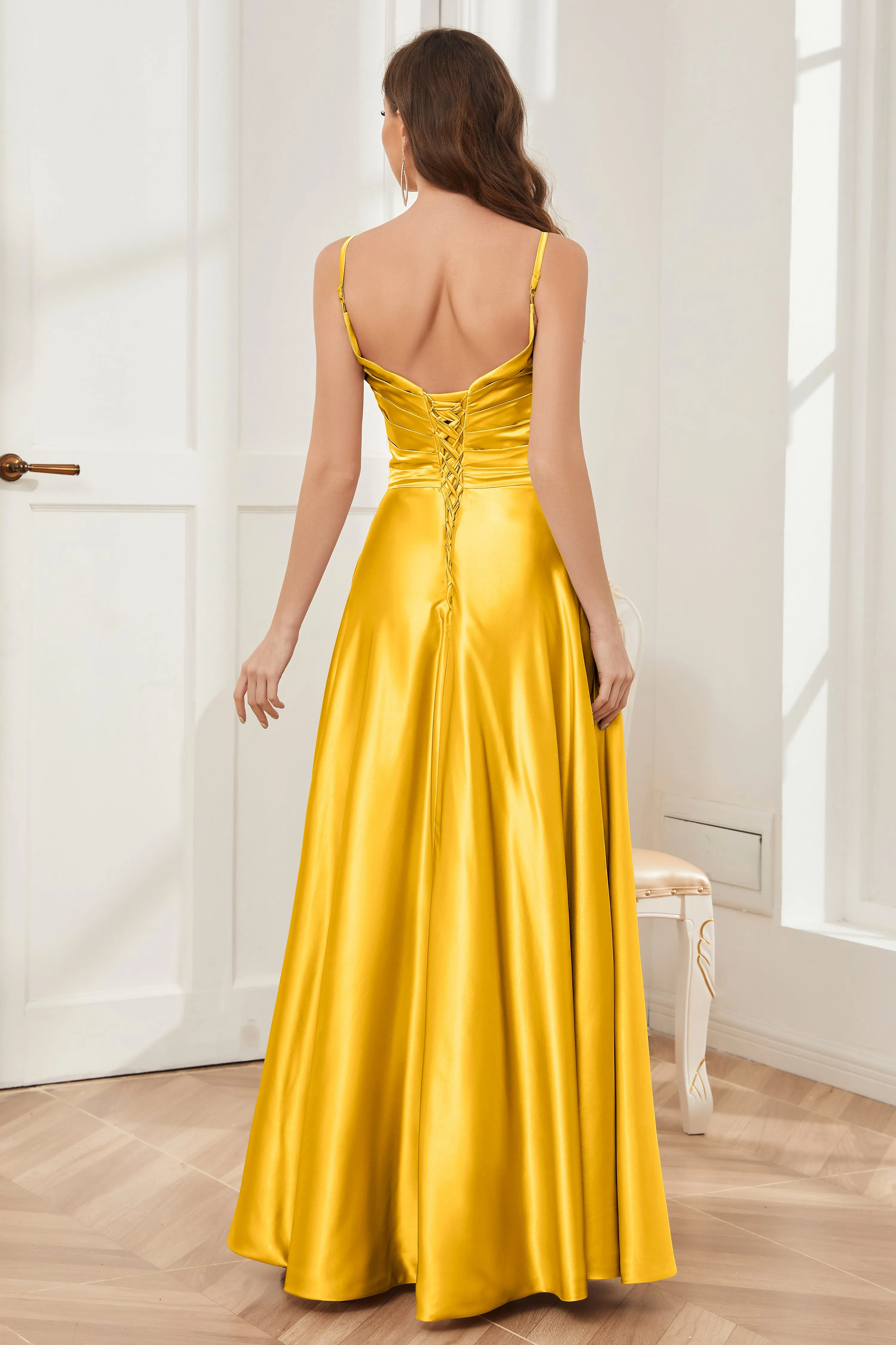 A-line V-neck Soft Satin Long Bridesmaid Dress with Pockets