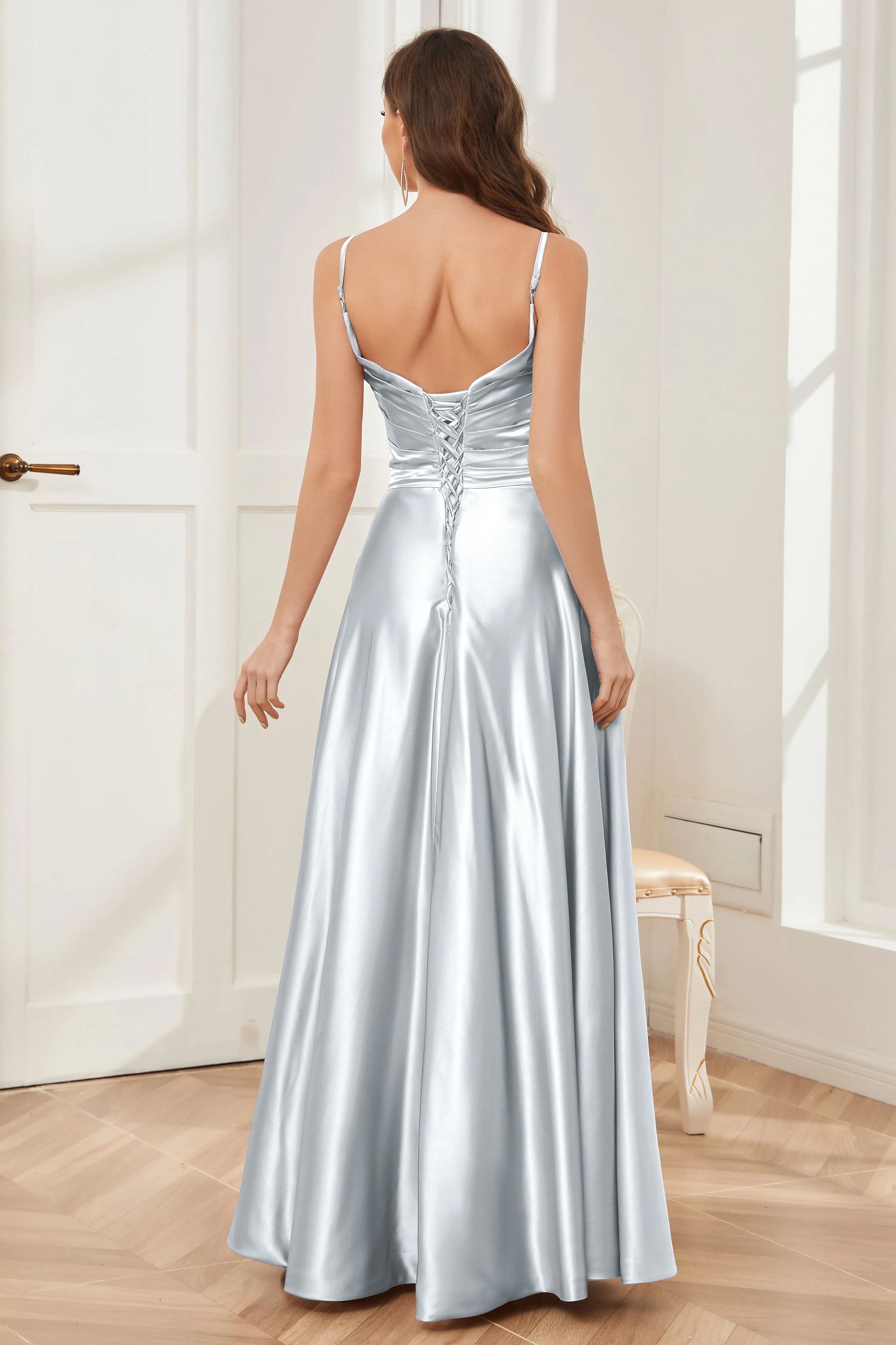 A-line V-neck Soft Satin Long Bridesmaid Dress with Pockets