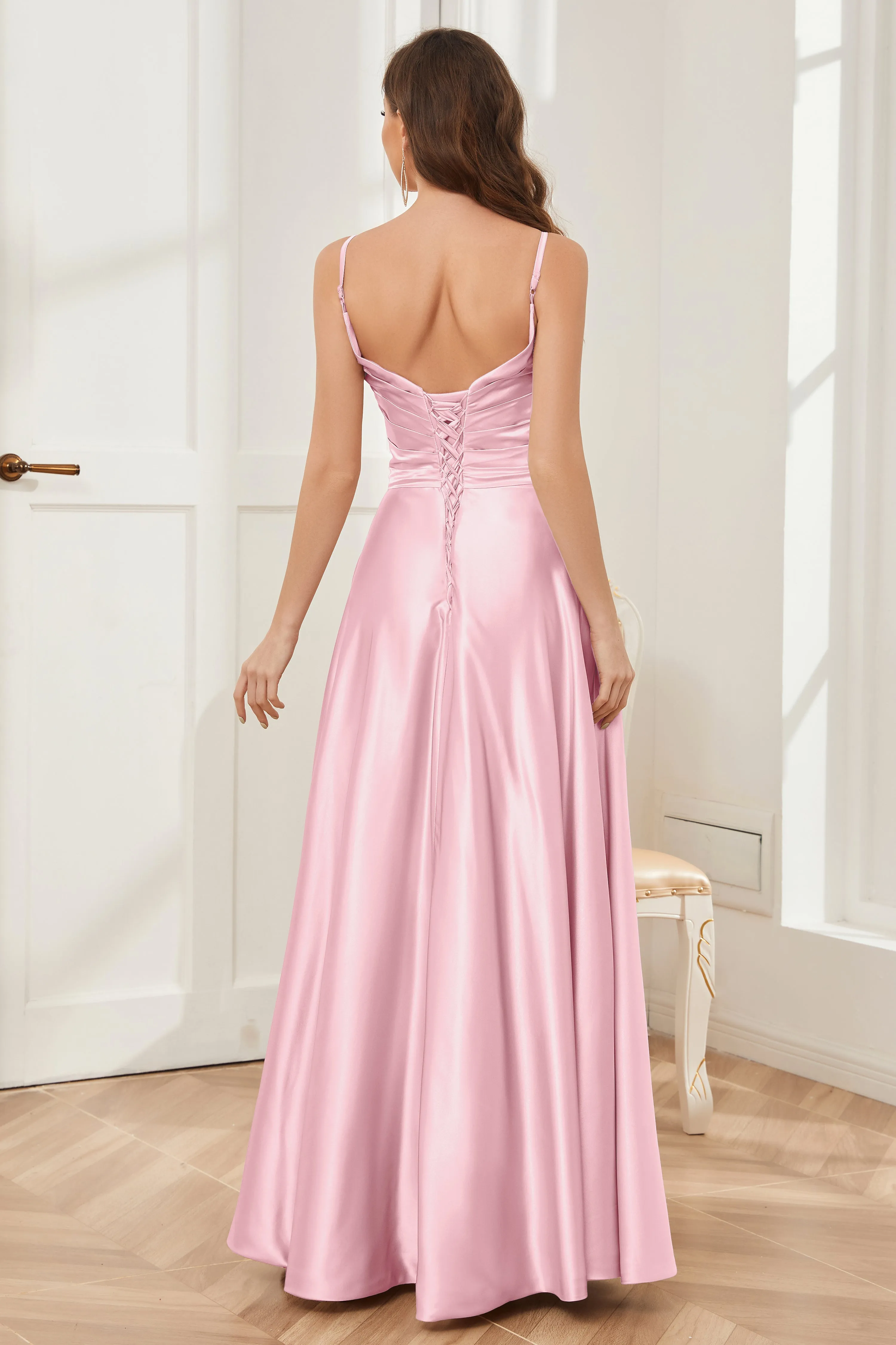 A-line V-neck Soft Satin Long Bridesmaid Dress with Pockets