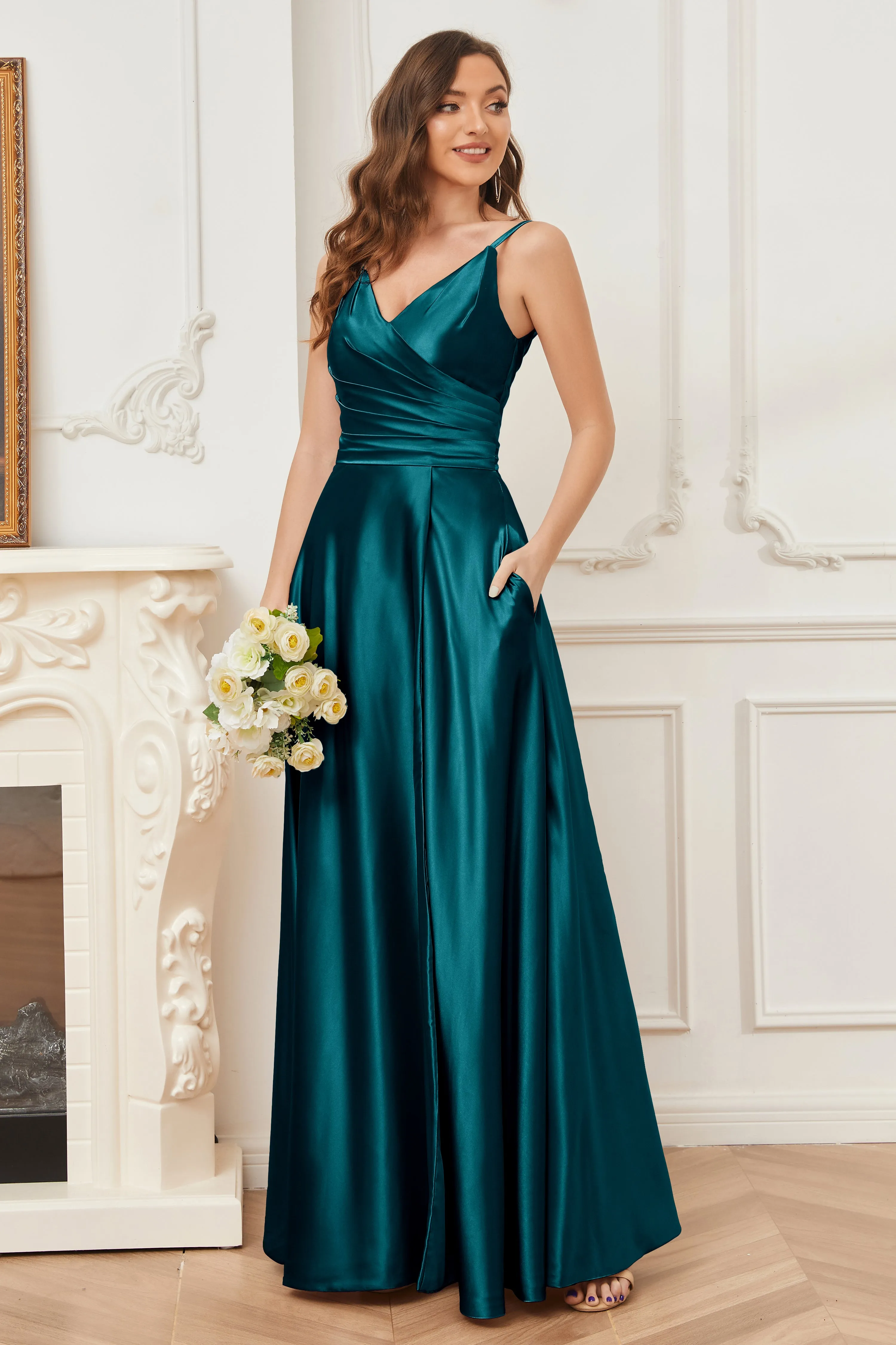 A-line V-neck Soft Satin Long Bridesmaid Dress with Pockets