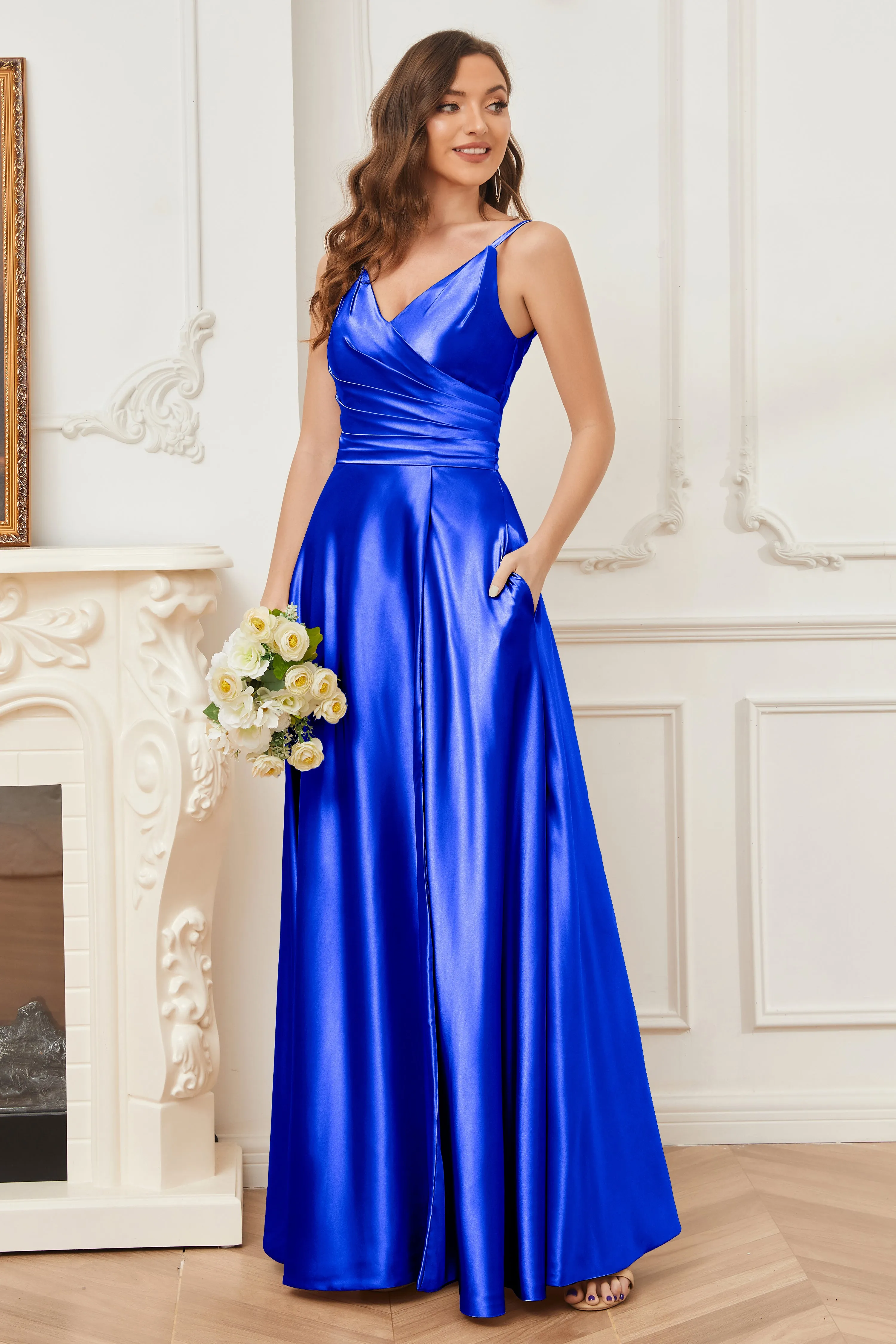 A-line V-neck Soft Satin Long Bridesmaid Dress with Pockets