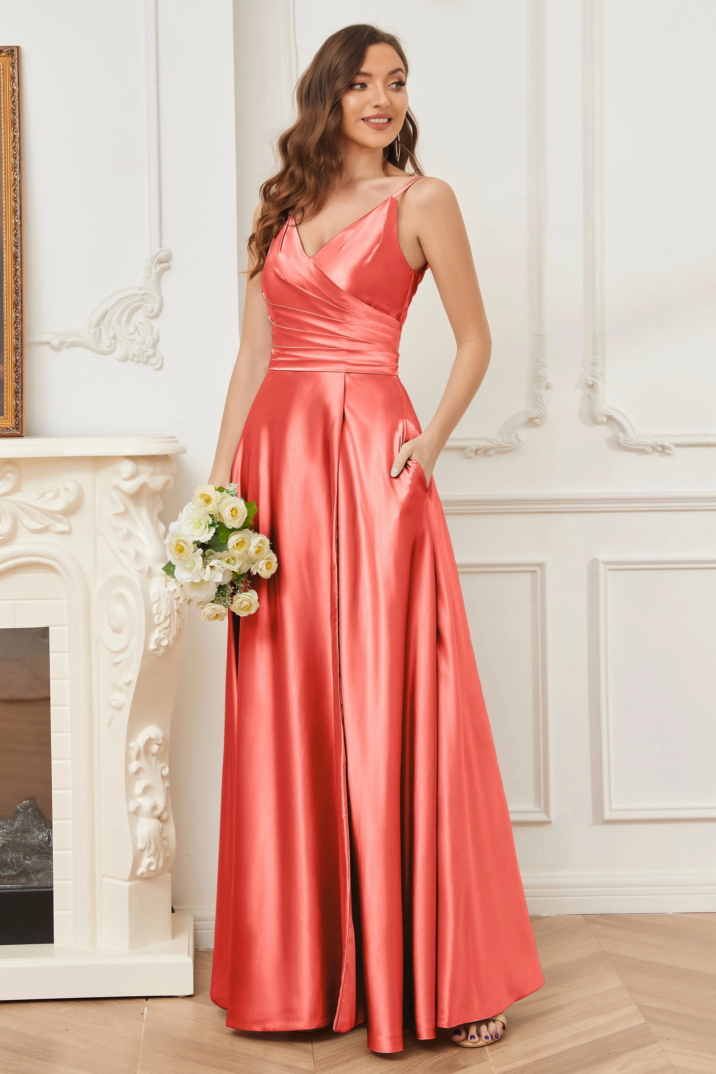 A-line V-neck Soft Satin Long Bridesmaid Dress with Pockets