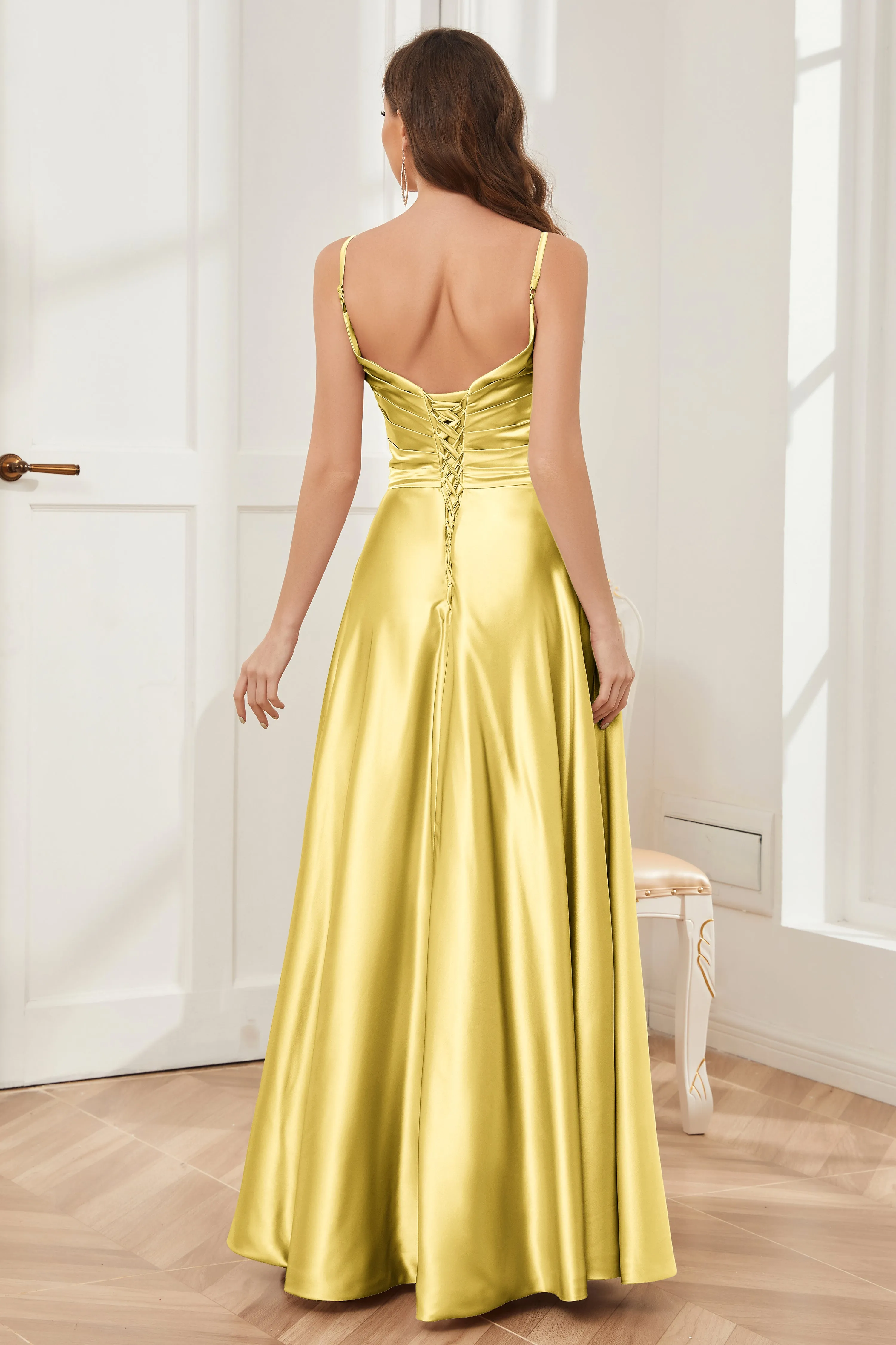 A-line V-neck Soft Satin Long Bridesmaid Dress with Pockets