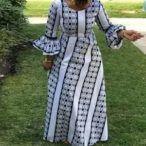 Africa Print Flared Sleeve Maxi Dress