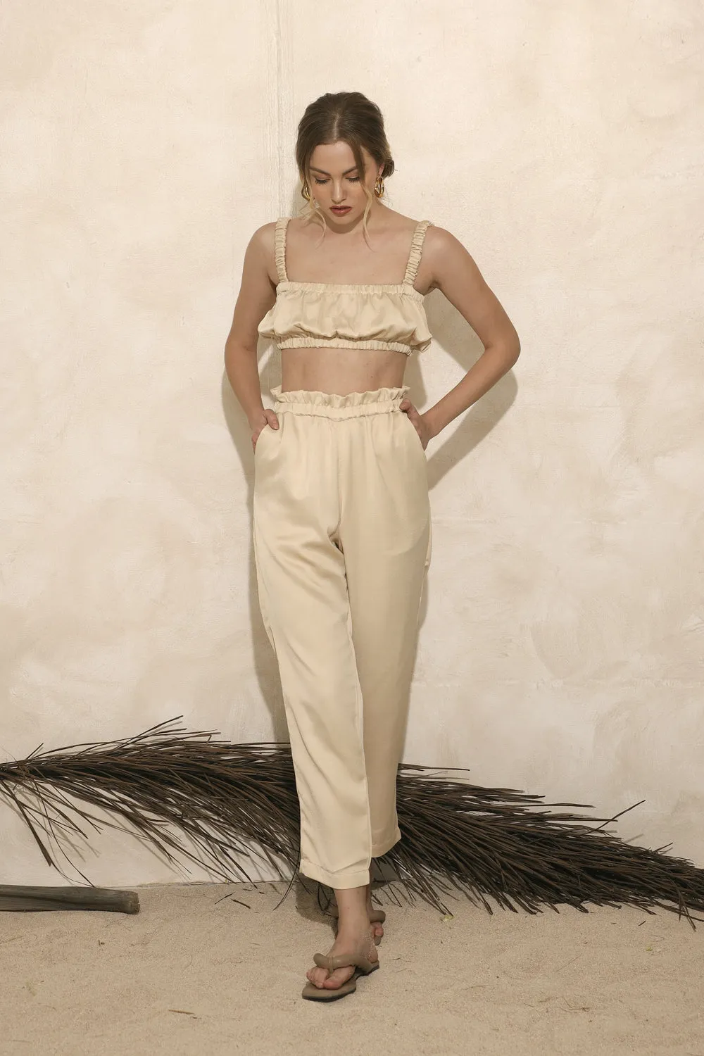 AMORA PANT SET Gathered Crop Top and Gartered Pant (Nude Silk)