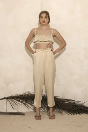AMORA PANT SET Gathered Crop Top and Gartered Pant (Nude Silk)