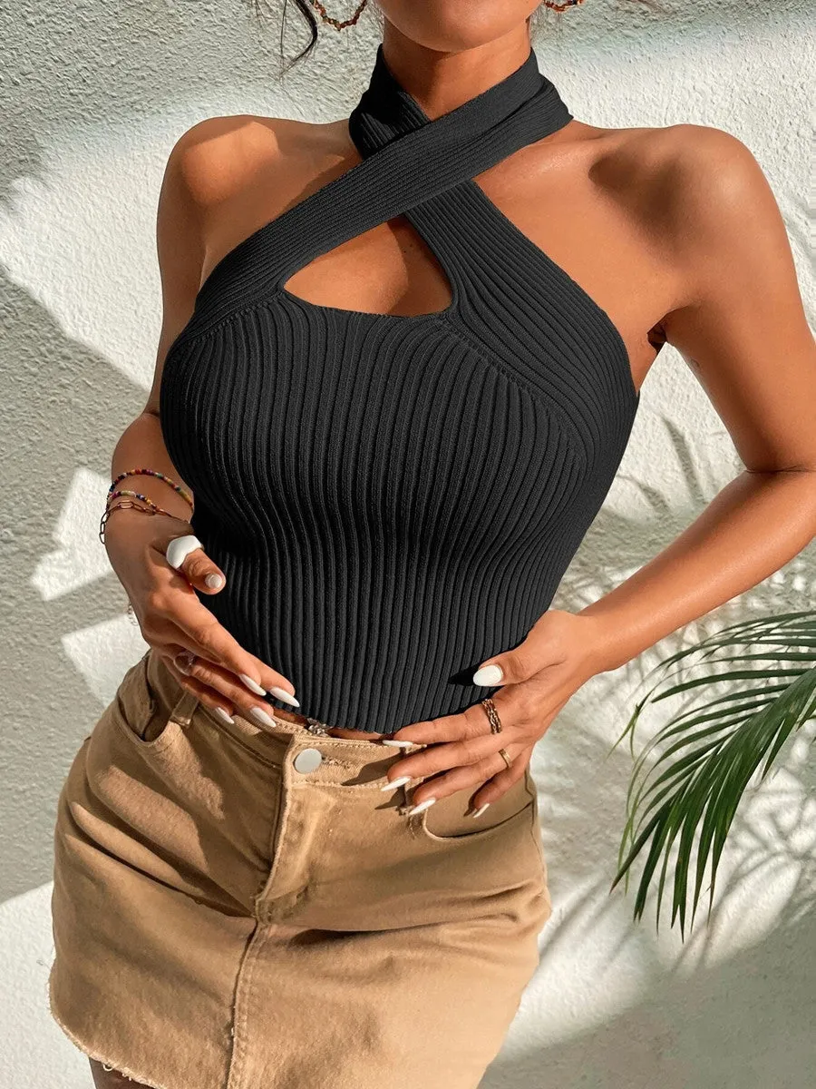 Anny Ribbed Knit Halter Top with Heart Cross