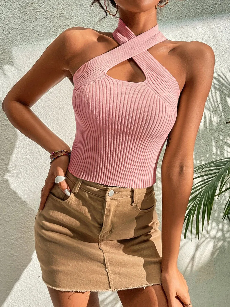 Anny Ribbed Knit Halter Top with Heart Cross