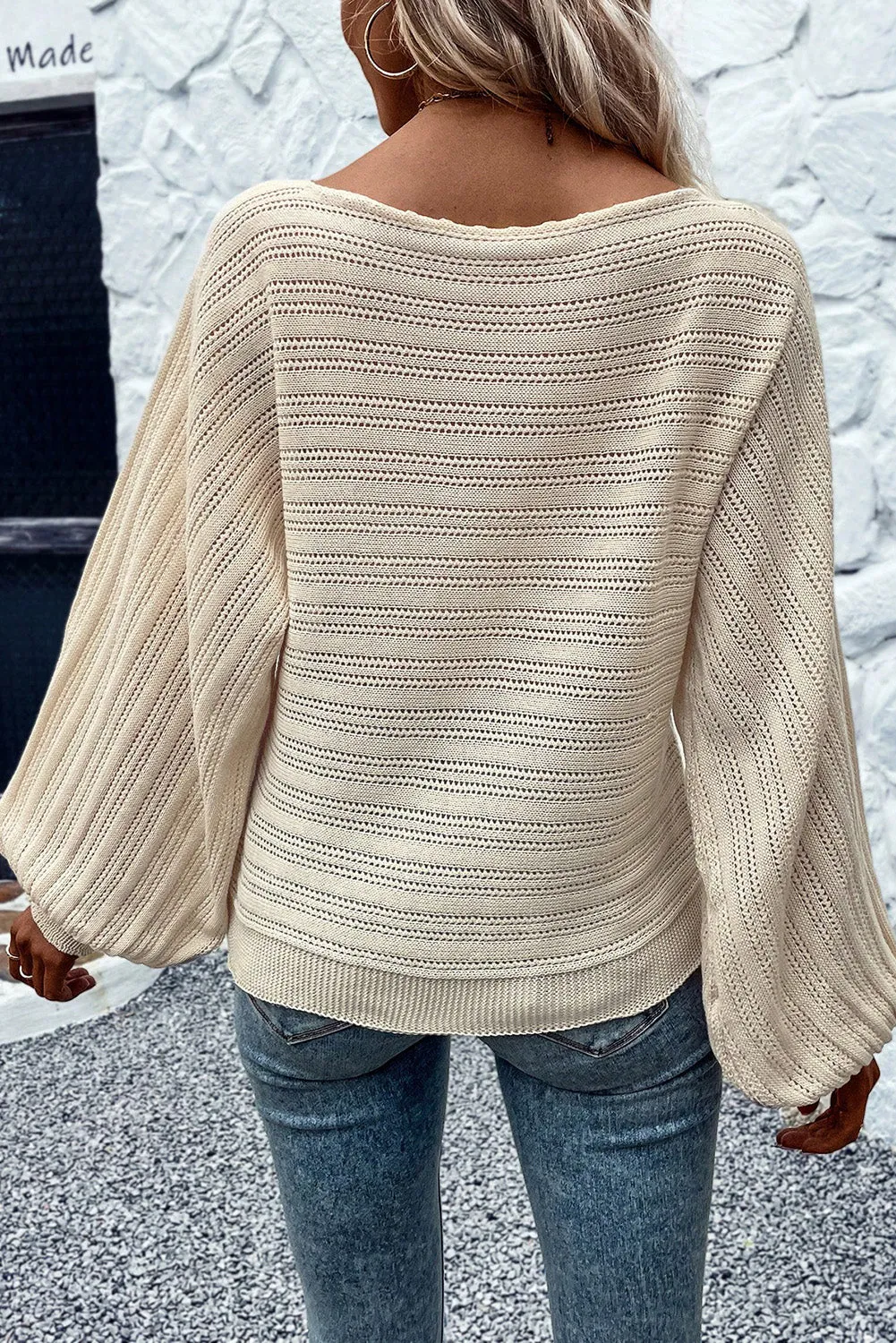 Apricot Lantern Sleeve Boat Neck Textured Knit Sweater