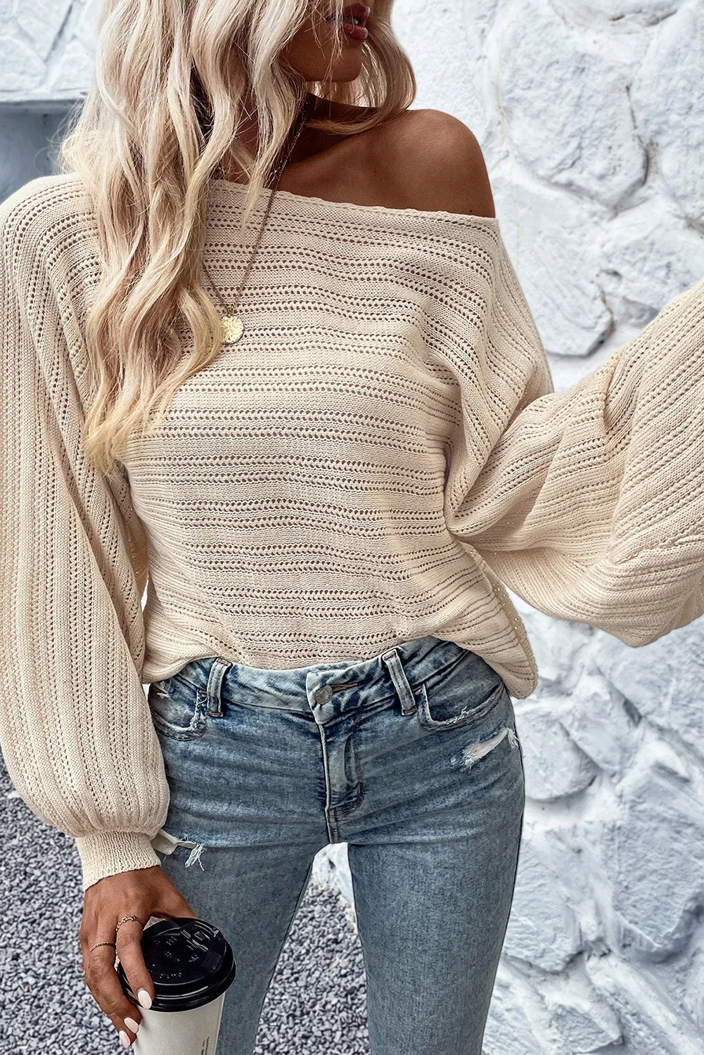 Apricot Lantern Sleeve Boat Neck Textured Knit Sweater