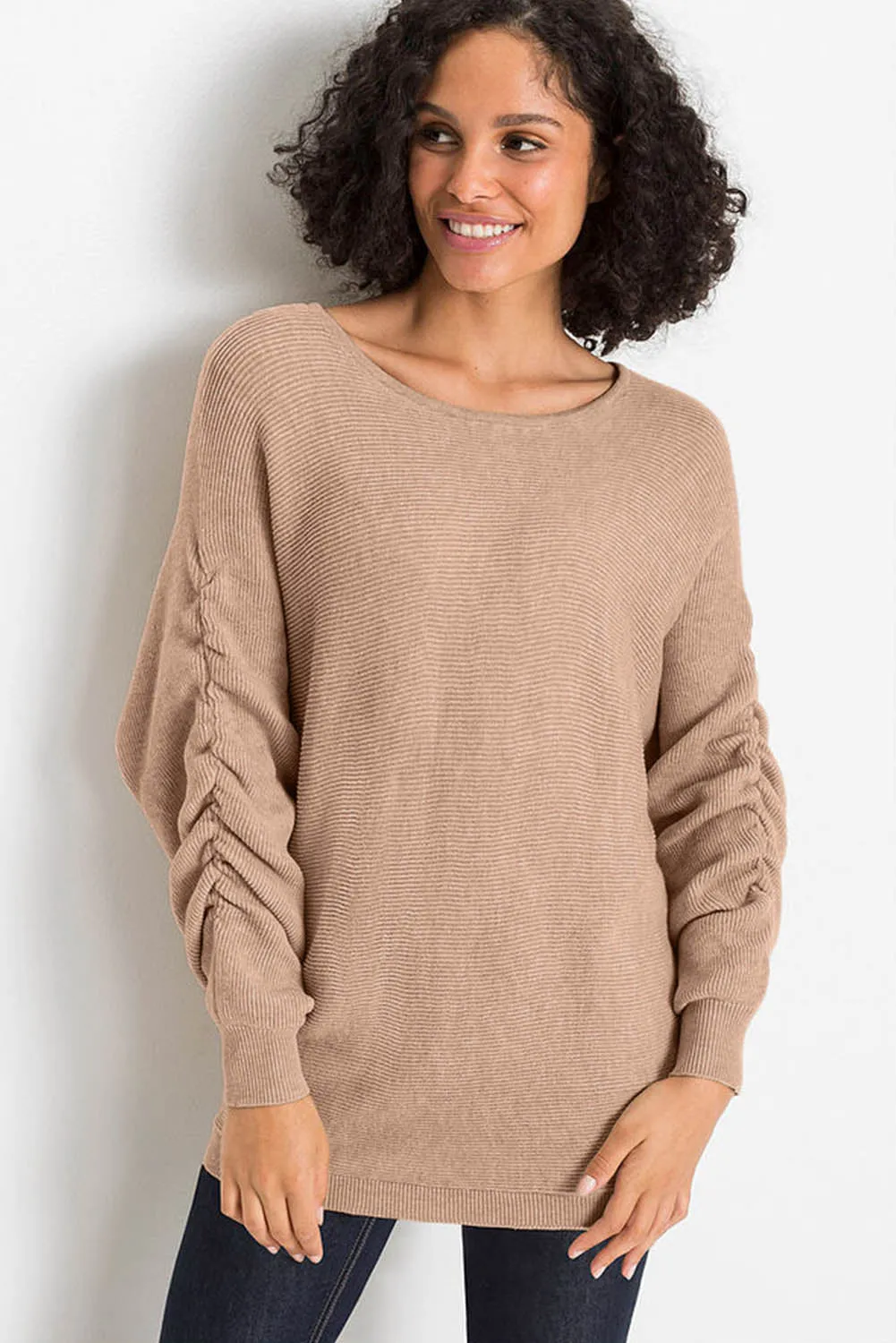 Apricot Ruched Sleeves Ribbed Knit Sweater