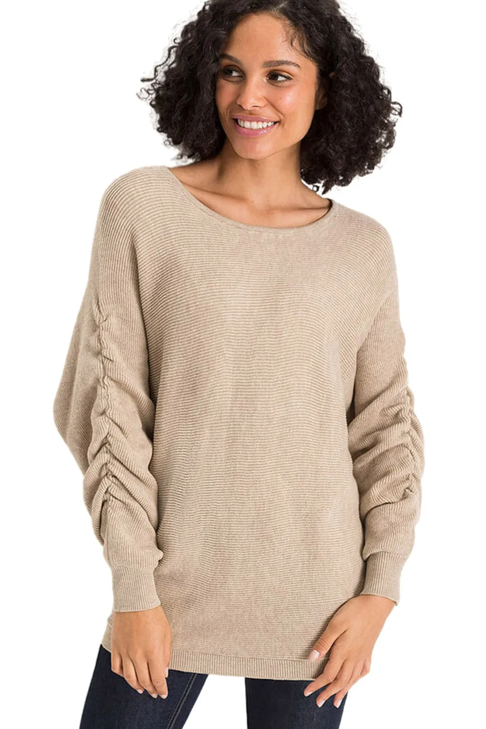 Apricot Ruched Sleeves Ribbed Knit Sweater