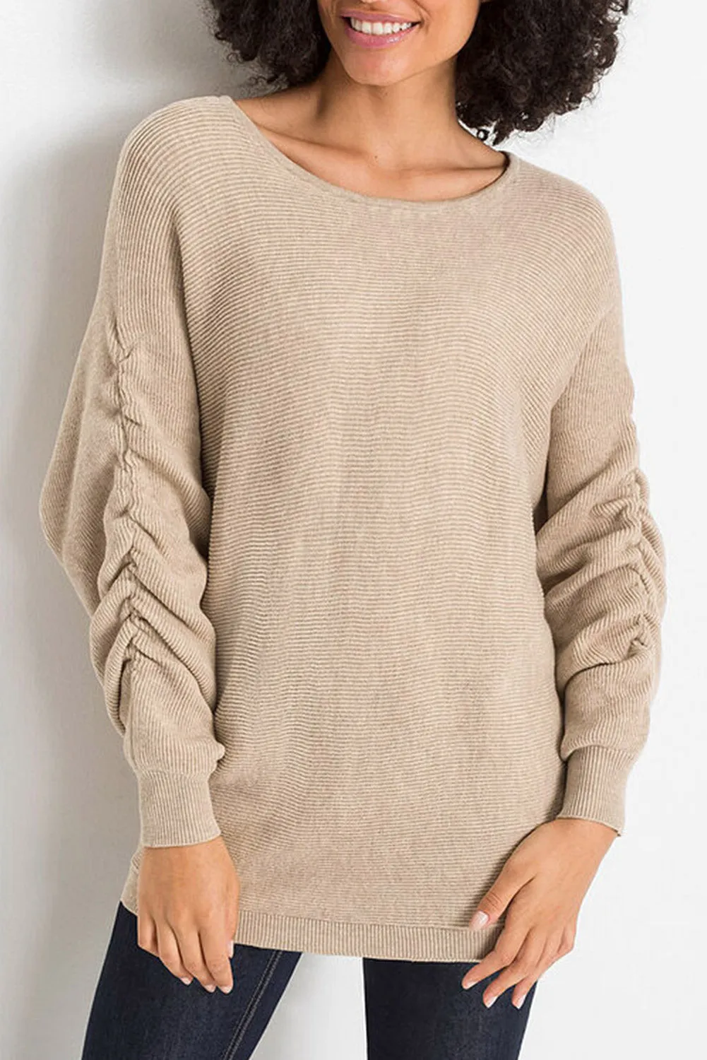 Apricot Ruched Sleeves Ribbed Knit Sweater