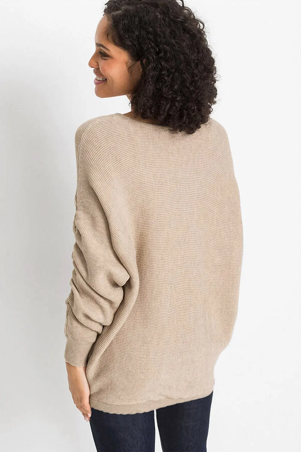 Apricot Ruched Sleeves Ribbed Knit Sweater