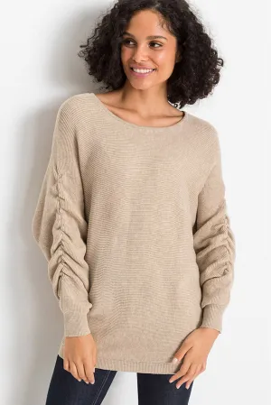 Apricot Ruched Sleeves Ribbed Knit Sweater