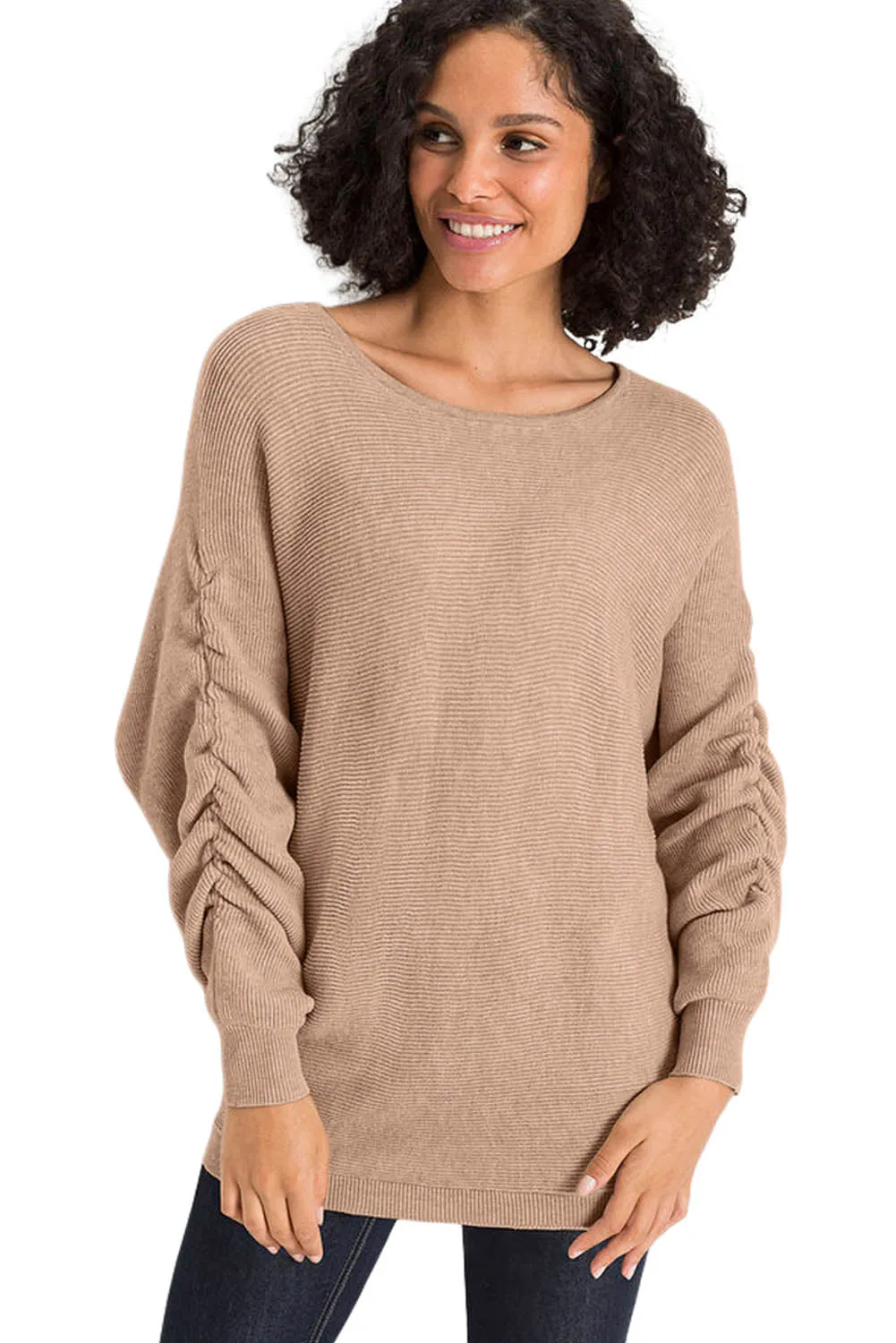 Apricot Ruched Sleeves Ribbed Knit Sweater