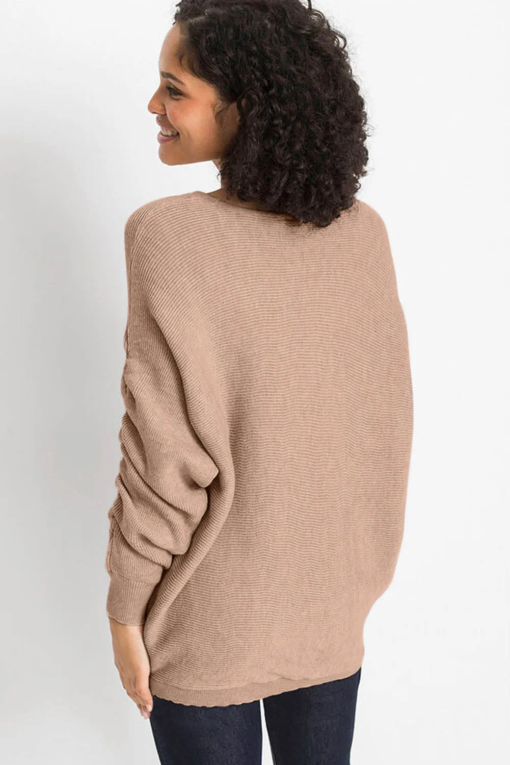 Apricot Ruched Sleeves Ribbed Knit Sweater