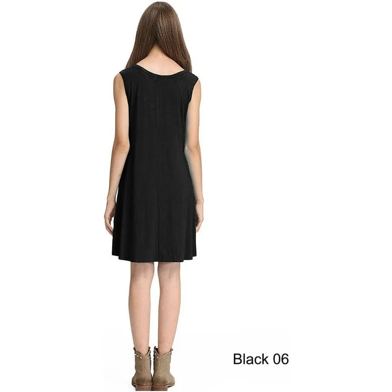 Bamboo spandex knitted tank swing dress with side seam pockets.