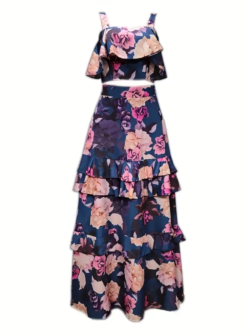 BerryBetty - Crop Tank Ruffles Floral Print Two-Piece Skirt Set