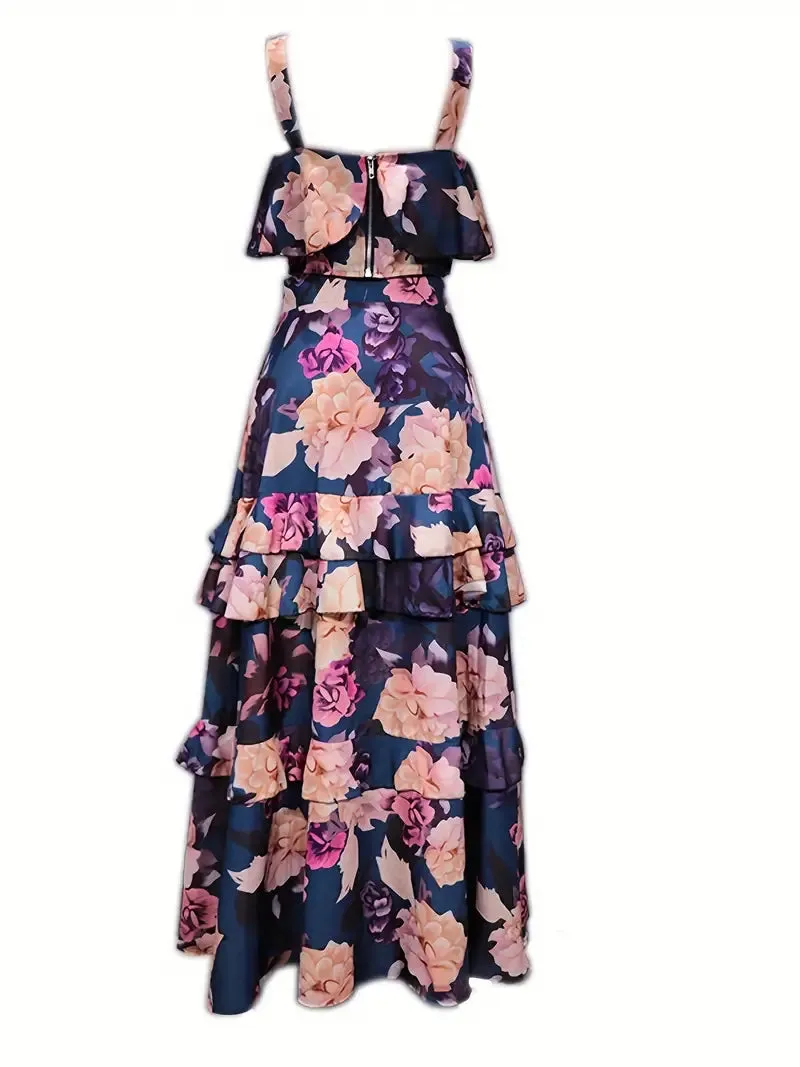 BerryBetty - Crop Tank Ruffles Floral Print Two-Piece Skirt Set