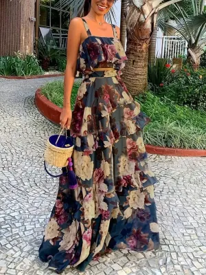 BerryBetty - Crop Tank Ruffles Floral Print Two-Piece Skirt Set