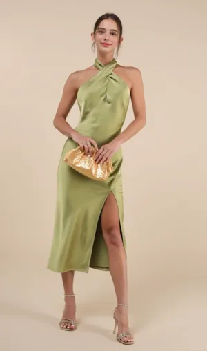 Beyond Classy Chartreuse Satin Halter Midi Dress