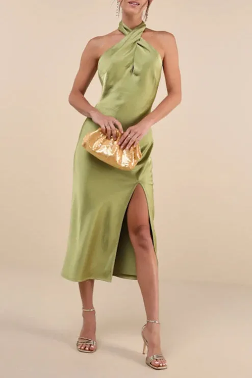 Beyond Classy Chartreuse Satin Halter Midi Dress