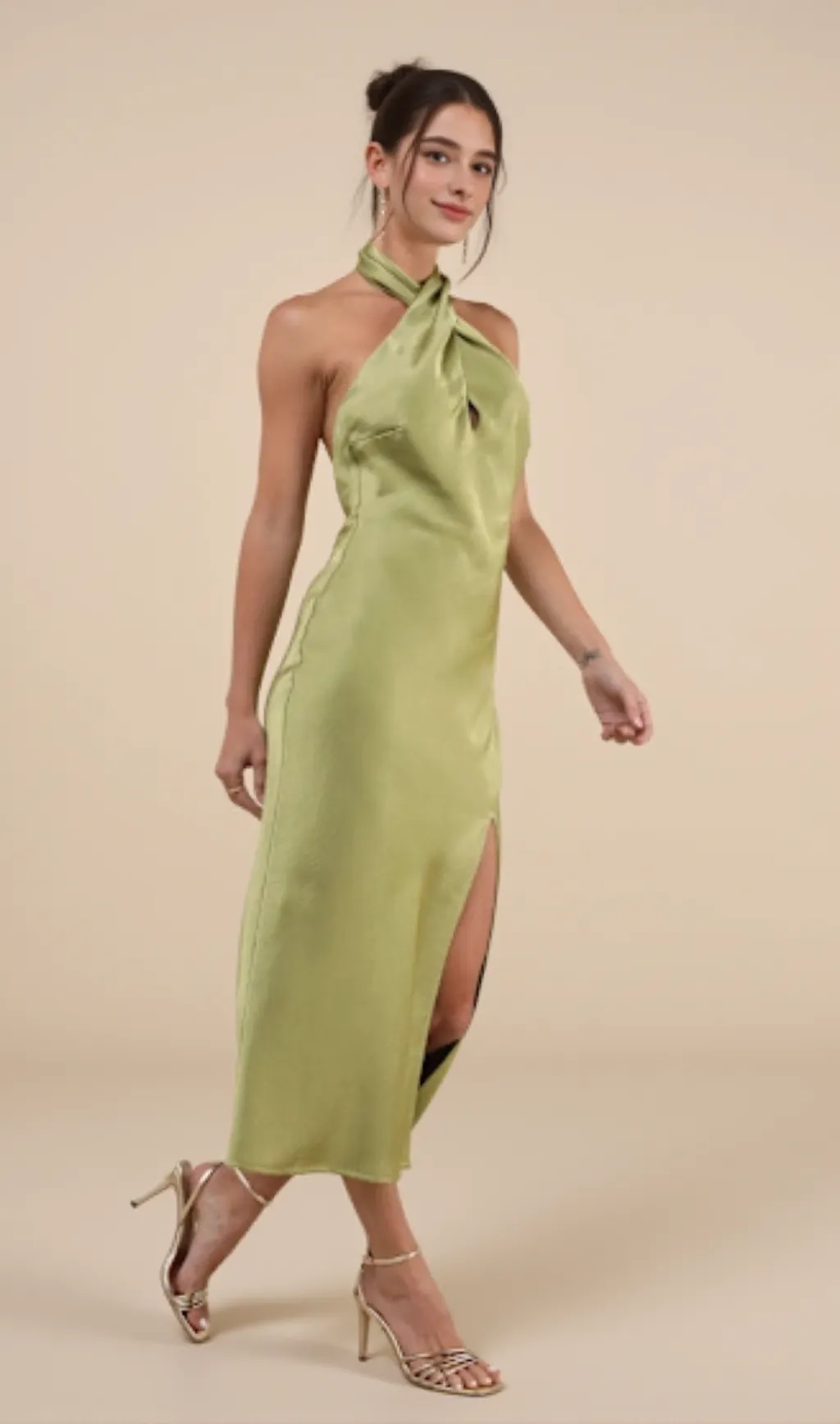Beyond Classy Chartreuse Satin Halter Midi Dress