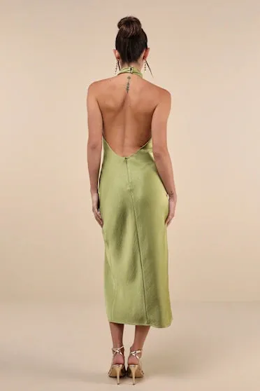 Beyond Classy Chartreuse Satin Halter Midi Dress
