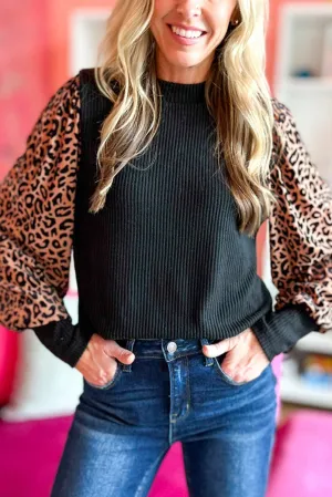 Black Animal Print Contrast Sleeve Knit Top