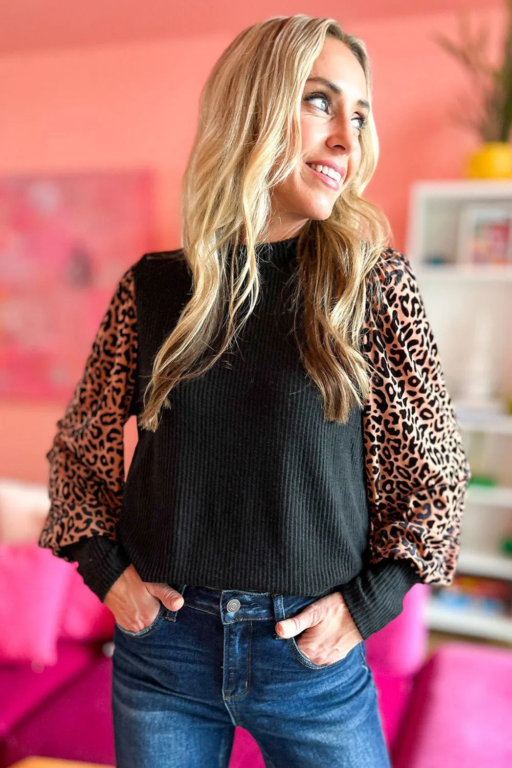 Black Animal Print Contrast Sleeve Knit Top