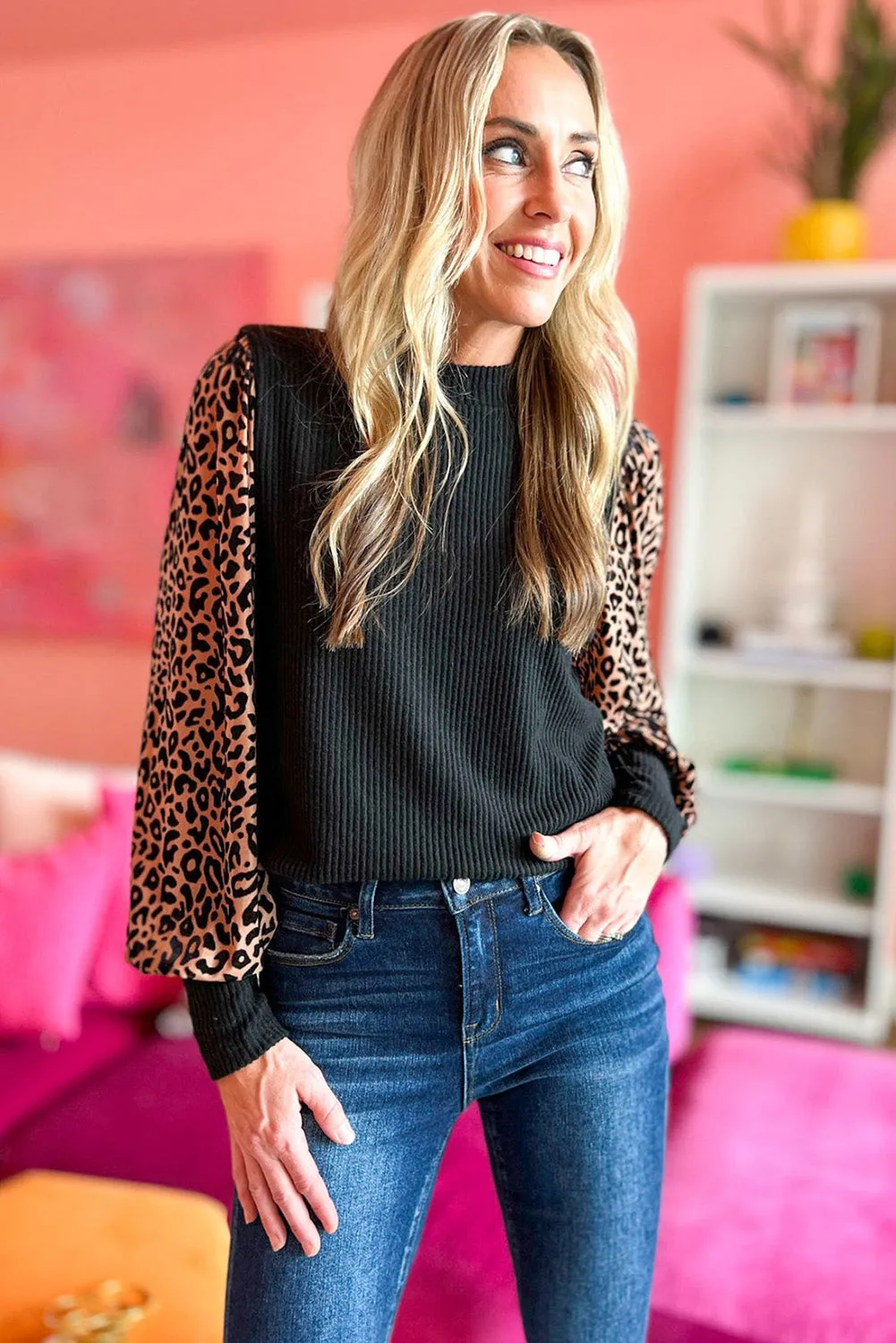 Black Animal Print Contrast Sleeve Knit Top